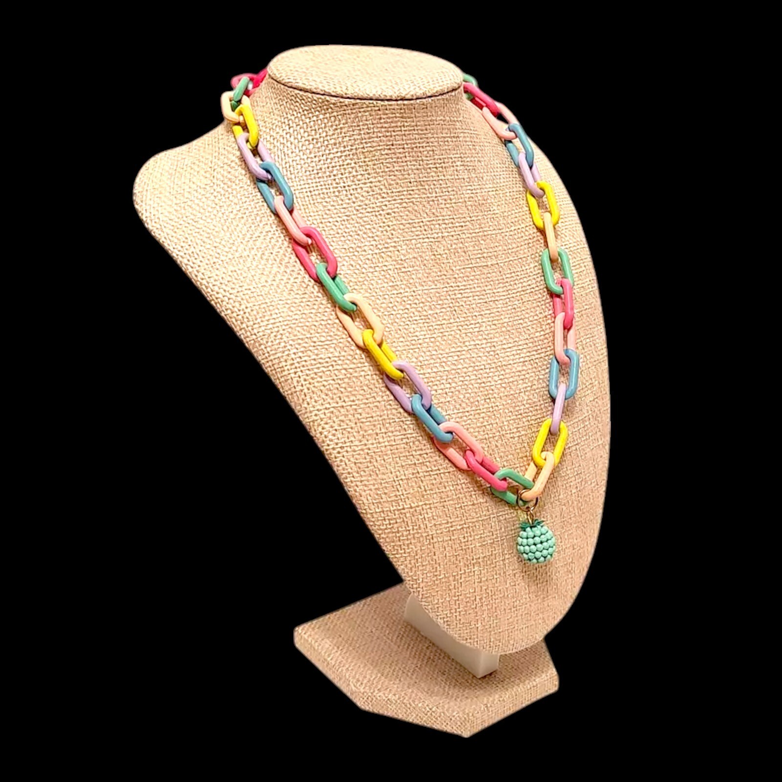 VTG Chunky Paperclip Chain Bright Colors Drop Pendant Statement Necklace 19″