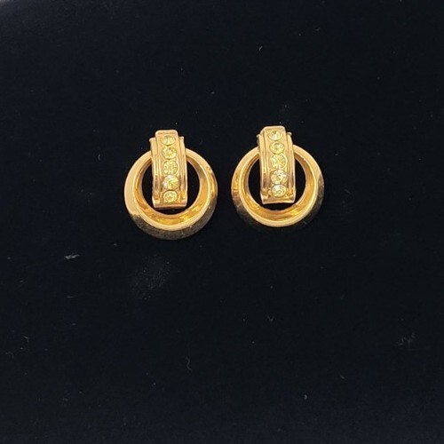 Signed CORO Gold Tone Yellow Rhinestone Screw-back Earrings Vintage Round Circle