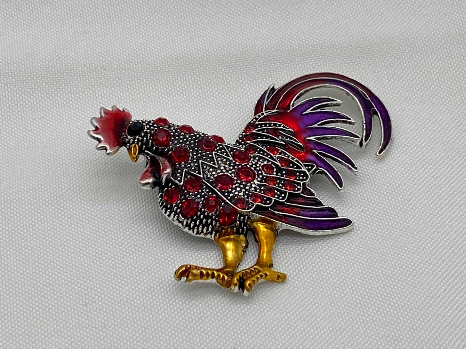 Silver Tone Purple & Rooster with Gold Tone Feet Fashion Pin 2.25