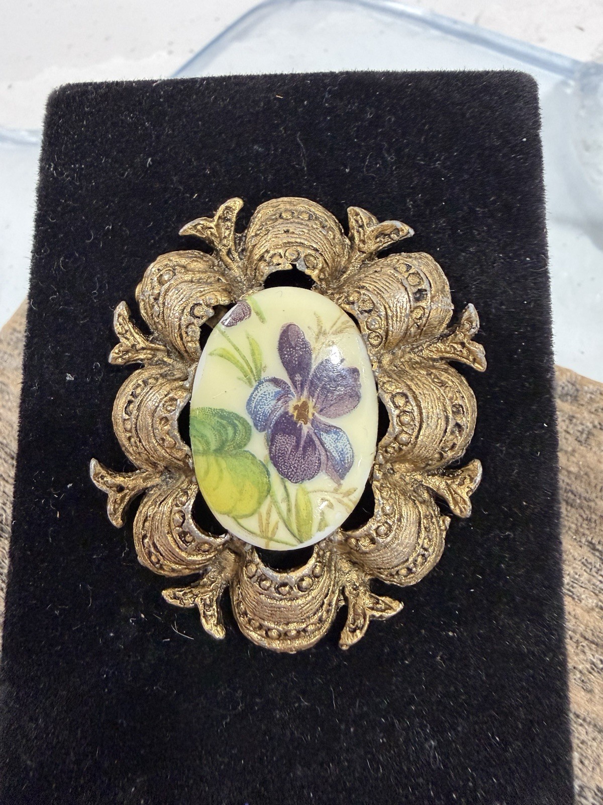 Vintage Victorian Revival Floral Porcelain Purple Violets Cameo Style Brooch
