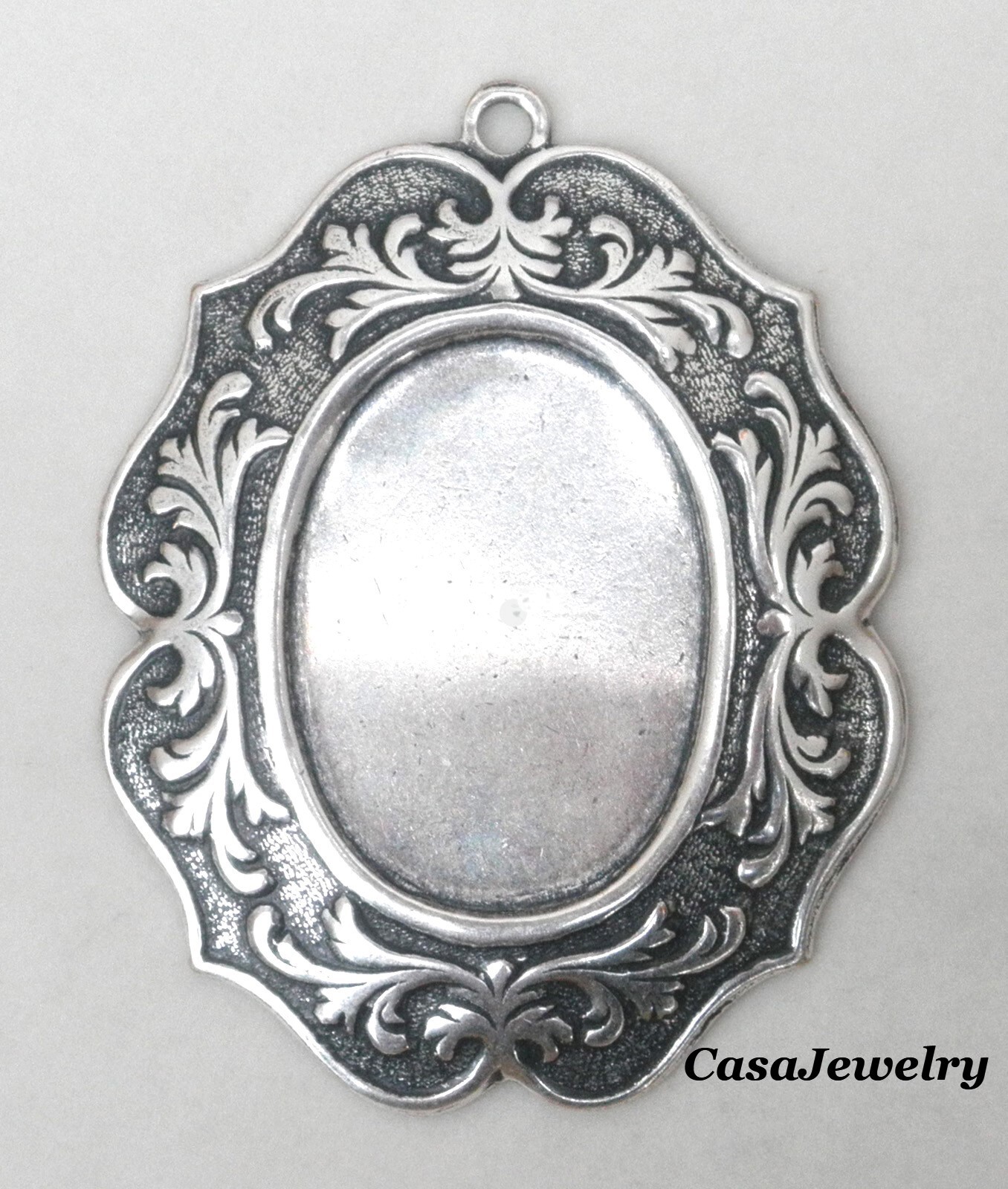 #4181 ANTIQUED STERLING SILVER PLATED 25×18 BORDERED BEZEL W/TOP RING – 1 Pc