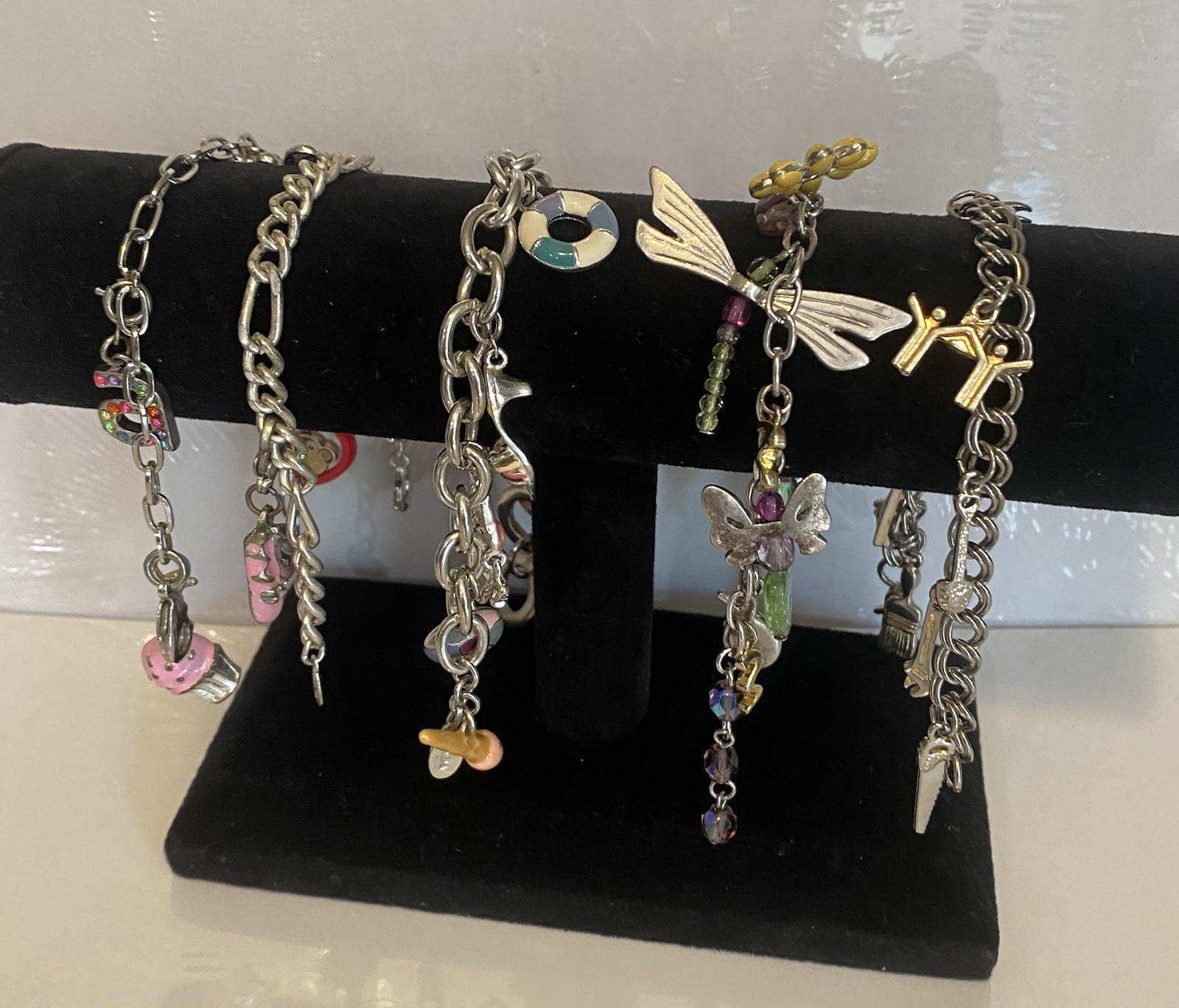 Vintage Charm Bracelets 5pc Layered Collection Silver Tone Chains 100+ grams