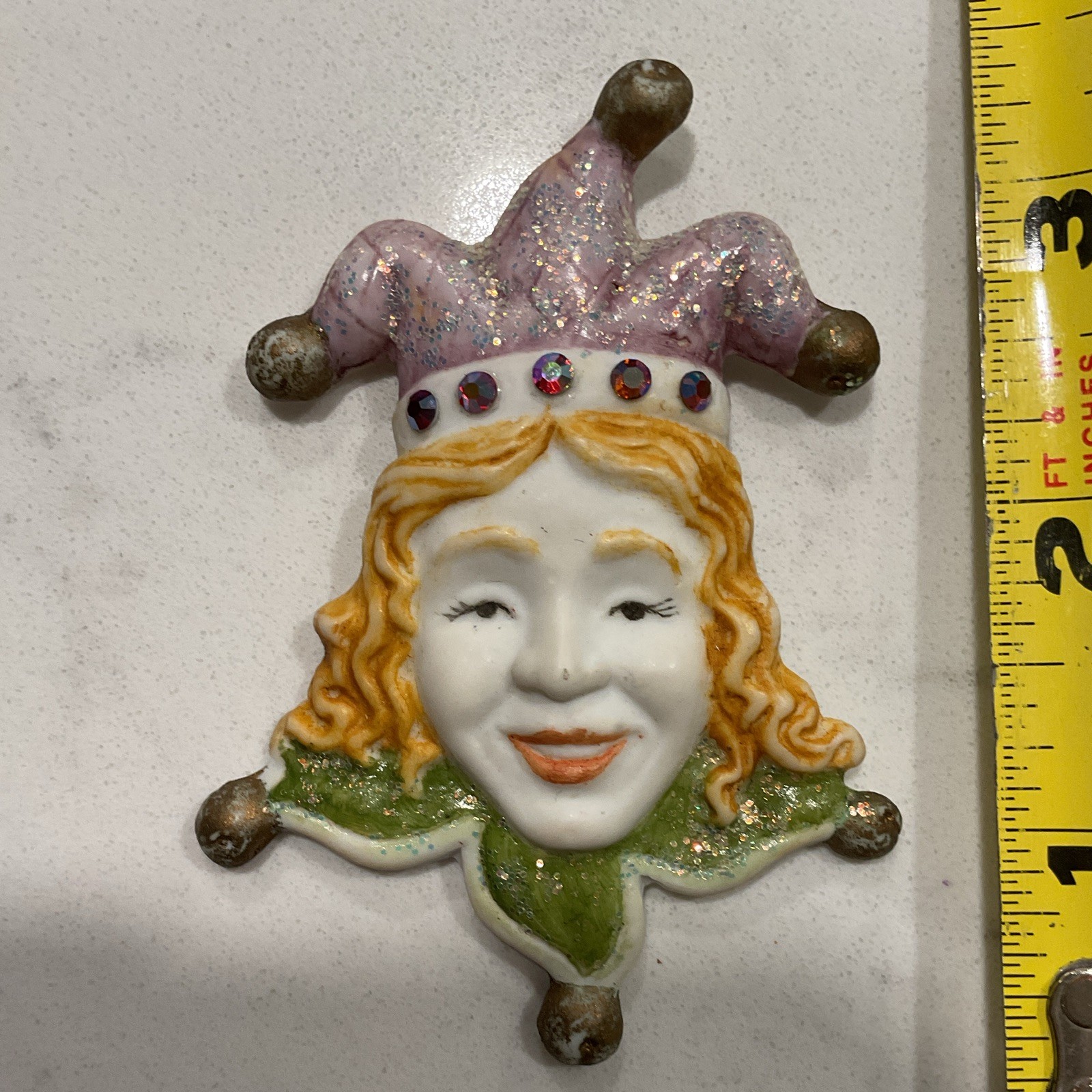 Signed 1989 Jester Ceramic Brooch Pin w/ Multicolor Rhinestones 3 in