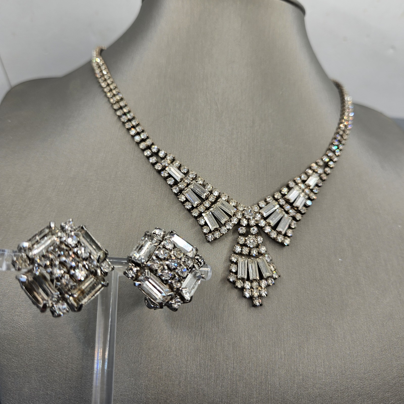 Vintage Art Deco Rhinestone Necklace Earrings Set Clear Baguette Pave Lot 15″
