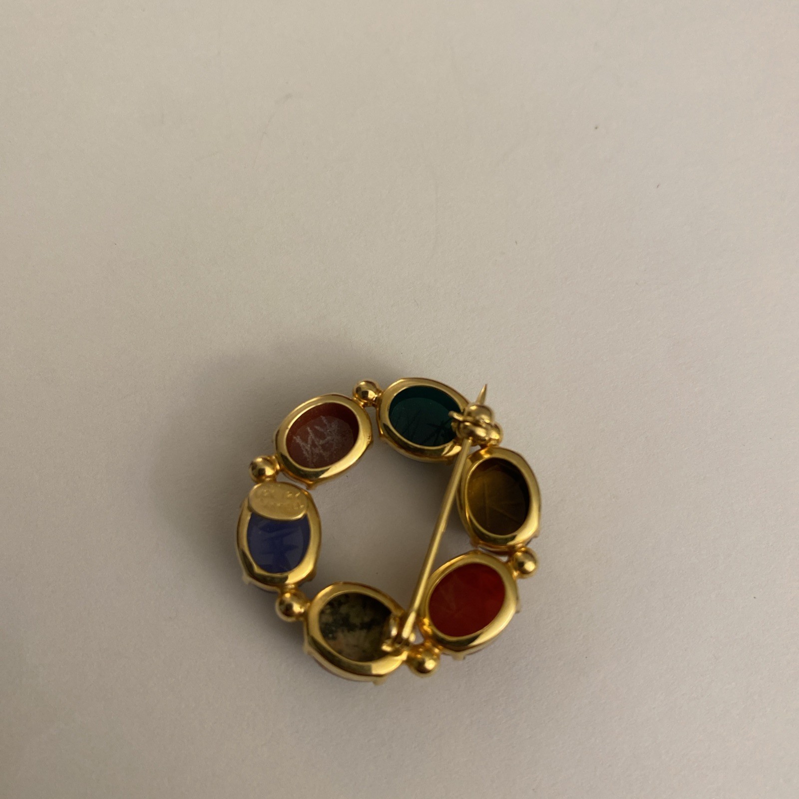 Vintage Scarab Brooch Circle Design Multiple Colored Carved Gemstones