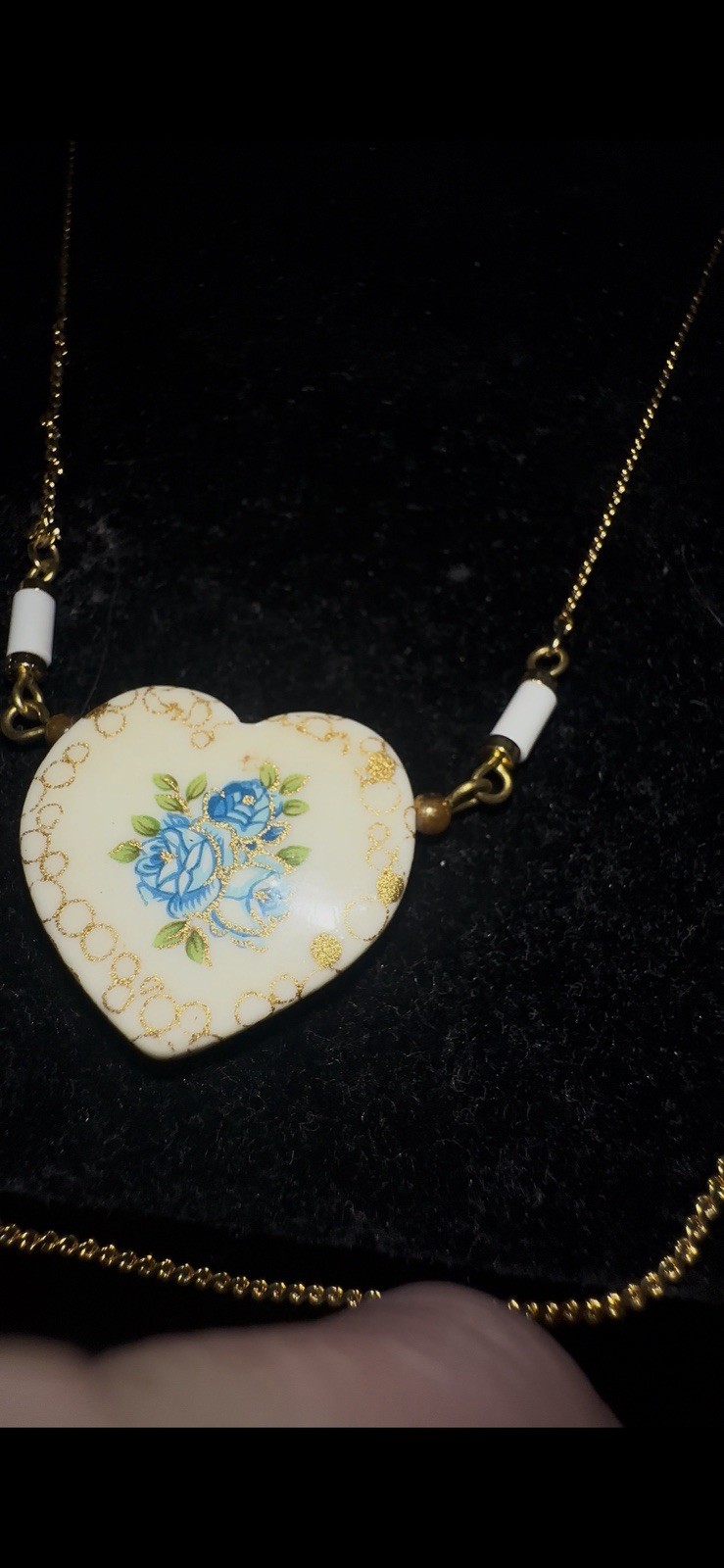 Vintage Japanese Tensha Blue Rose Porcelain Heart Necklace With Match Bracelet