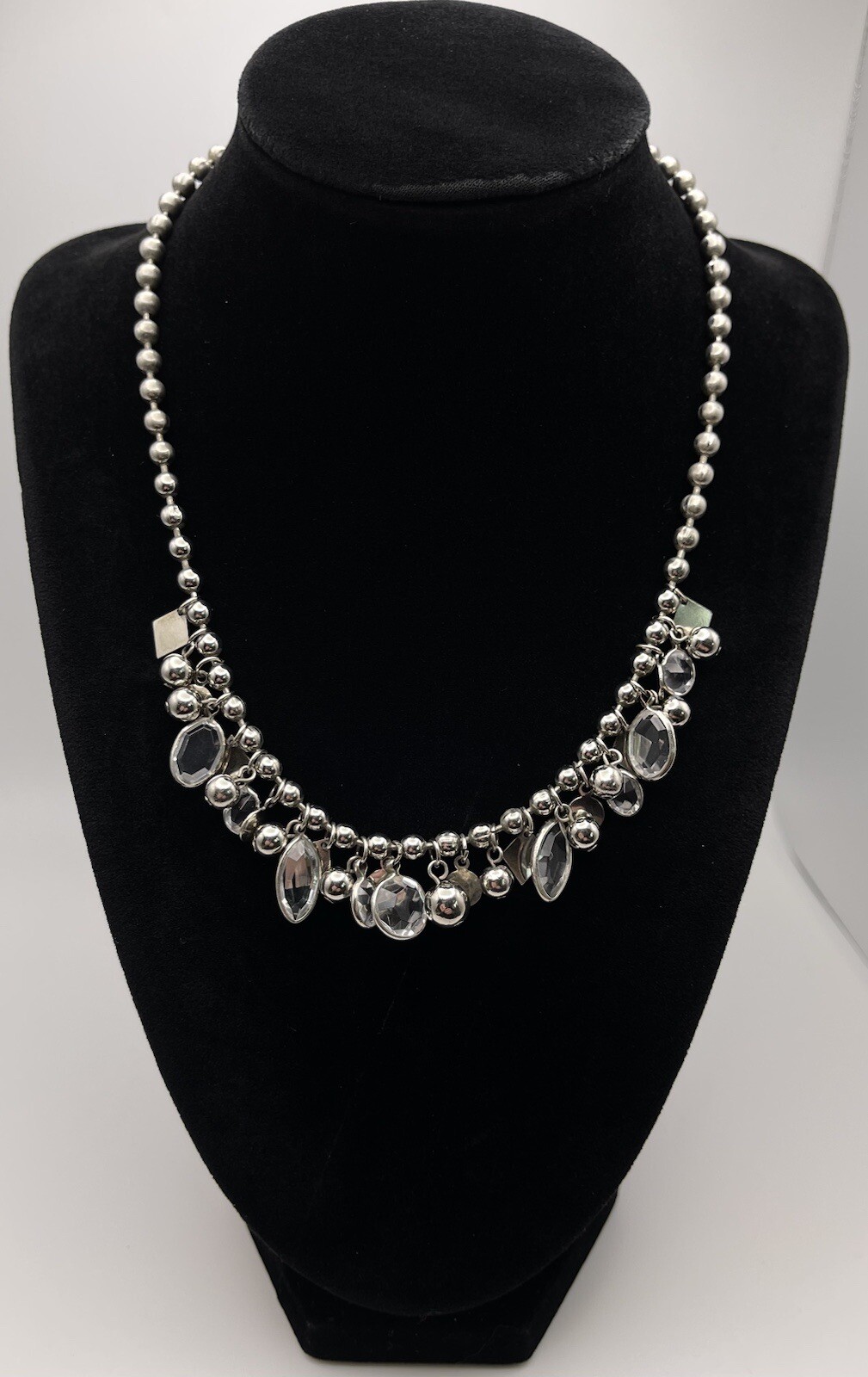 Vintage Silver Tone Ball Bearings Hanging Ball, Shapes & Crystal 16.5” Necklace