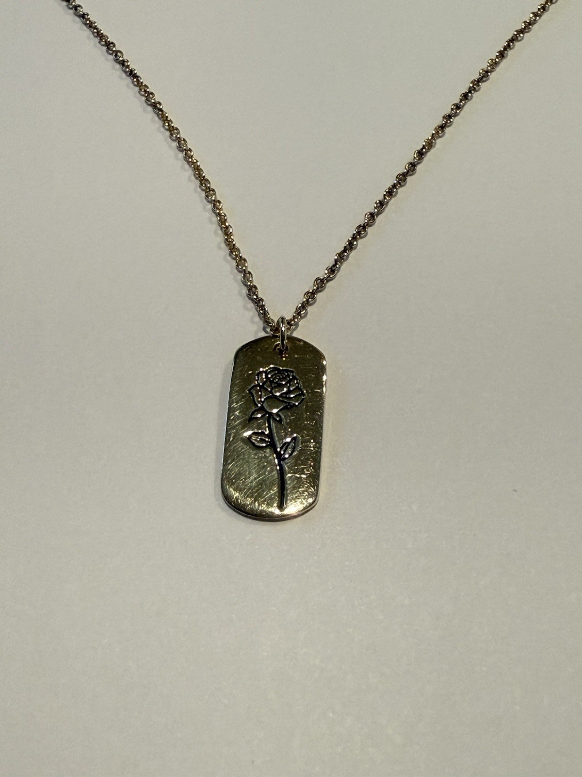 Vintage Sterling Forever Rose Pendant Necklace Gold Tone Dog Tag 18″ Adjustable