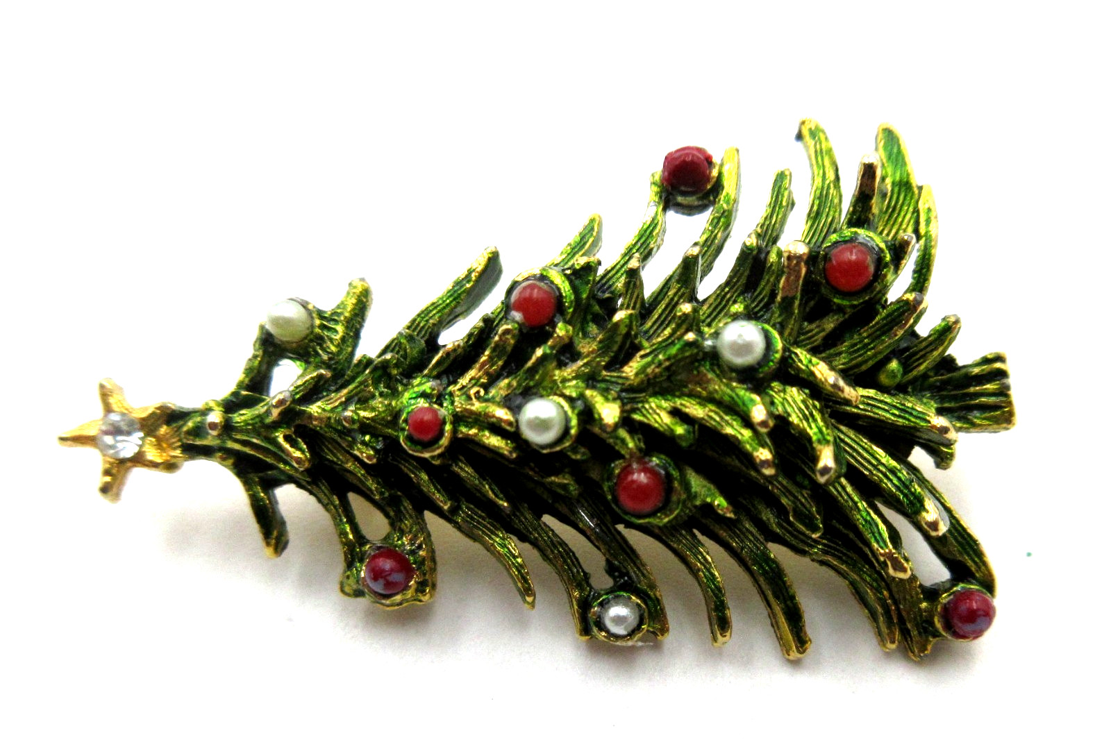 VTG 1.7 WHITE FAUX PEARL green red ball gold tone star CHRISTMAS TREE Brooch Pin