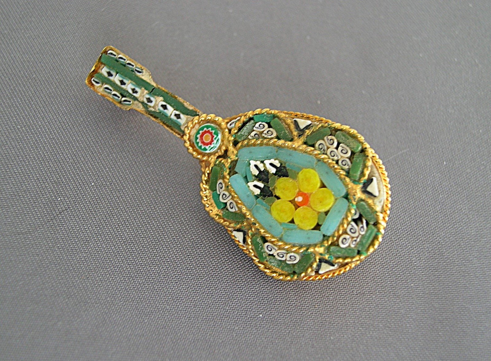 Vintage Italian Micro Mosaic Millefiori Figural Mandolin Pin