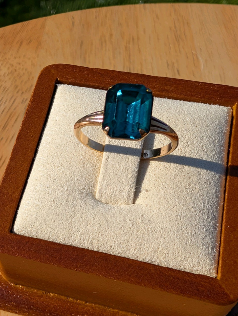 Vintage Teal Emerald Cut Statement Ring Sz 7.5 Art Deco Style Rolled Gold Plated