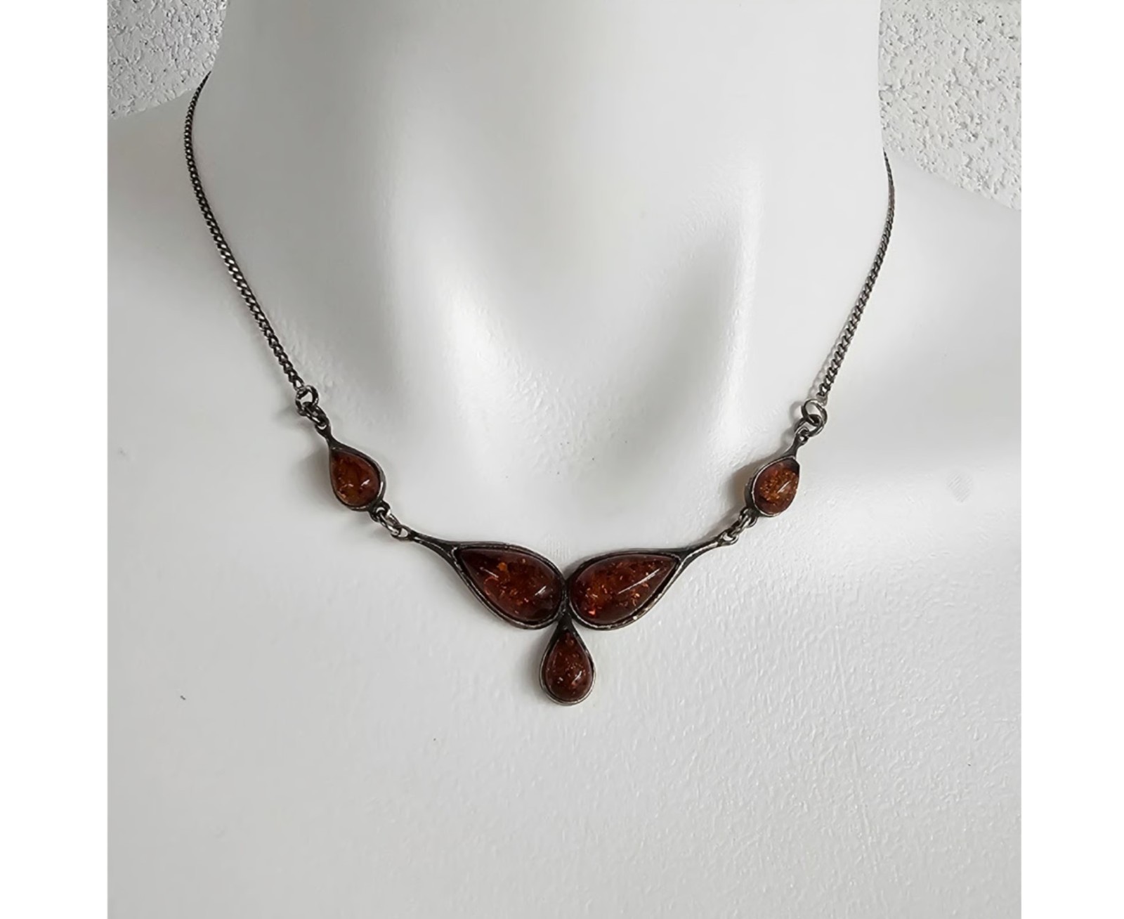 Vintage Baltic Amber & .925 Sterling Silver Teardrop Bib Necklace