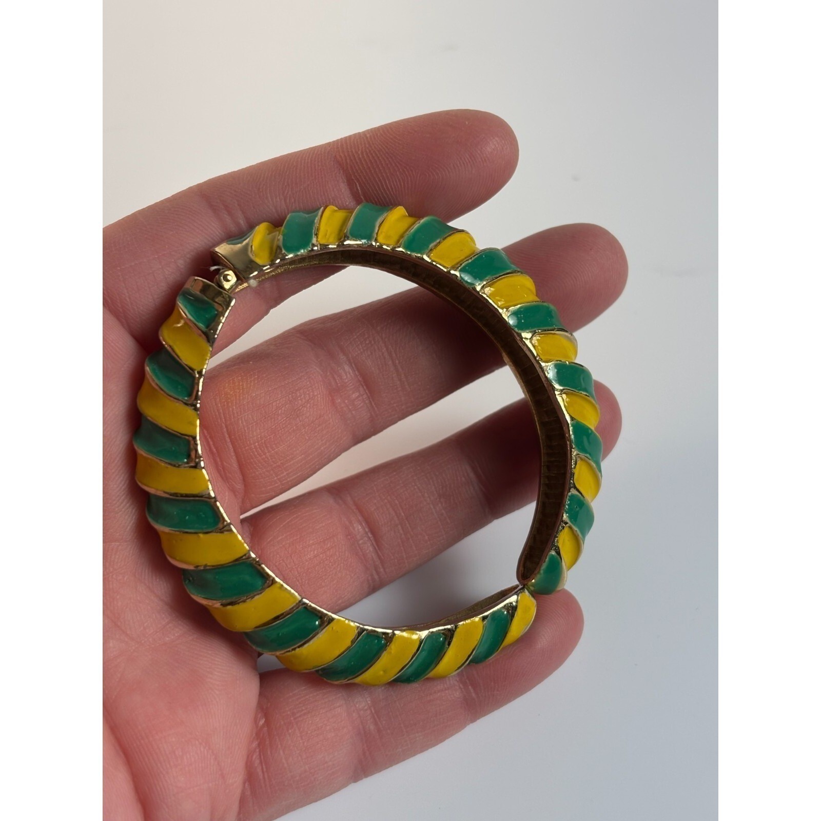 Bracelet Cuff Gold Tone Green Yellow Enamel Signed Les Bernard Vintage Hinged