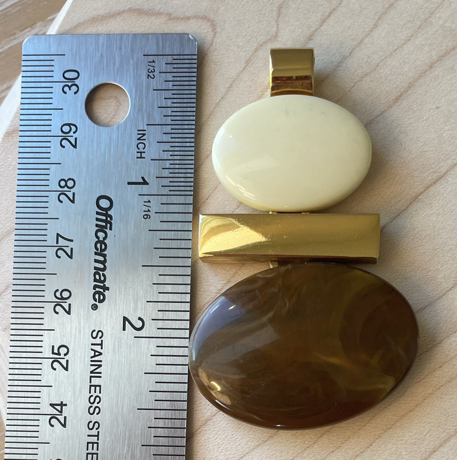 Vintage Avon Pendant Brown Cream Lucite Gold Tone Signed