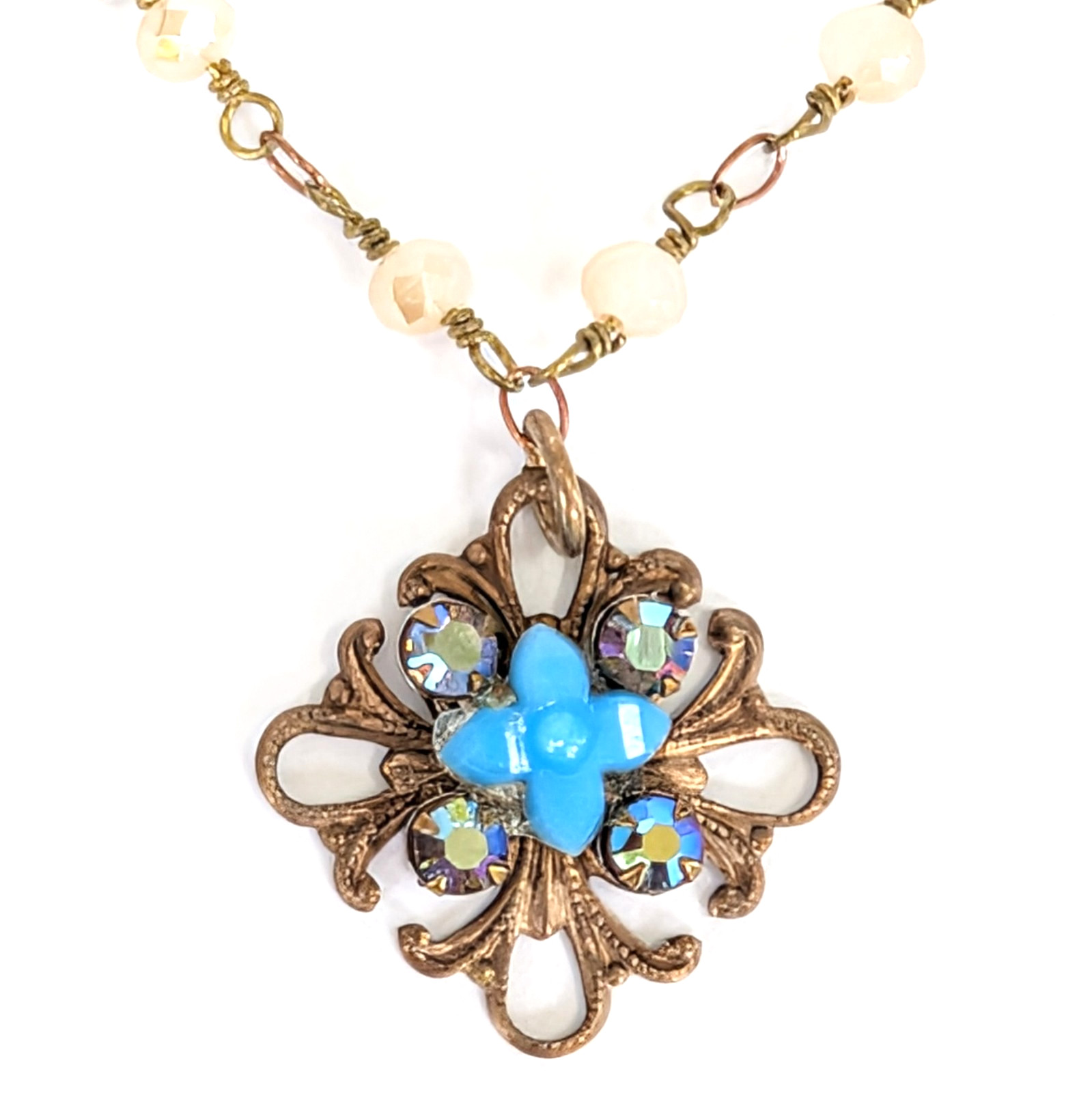 Vtg Bright Blue Opaque Glass Necklace Discontinued Swarovski Iridescent Chain 20
