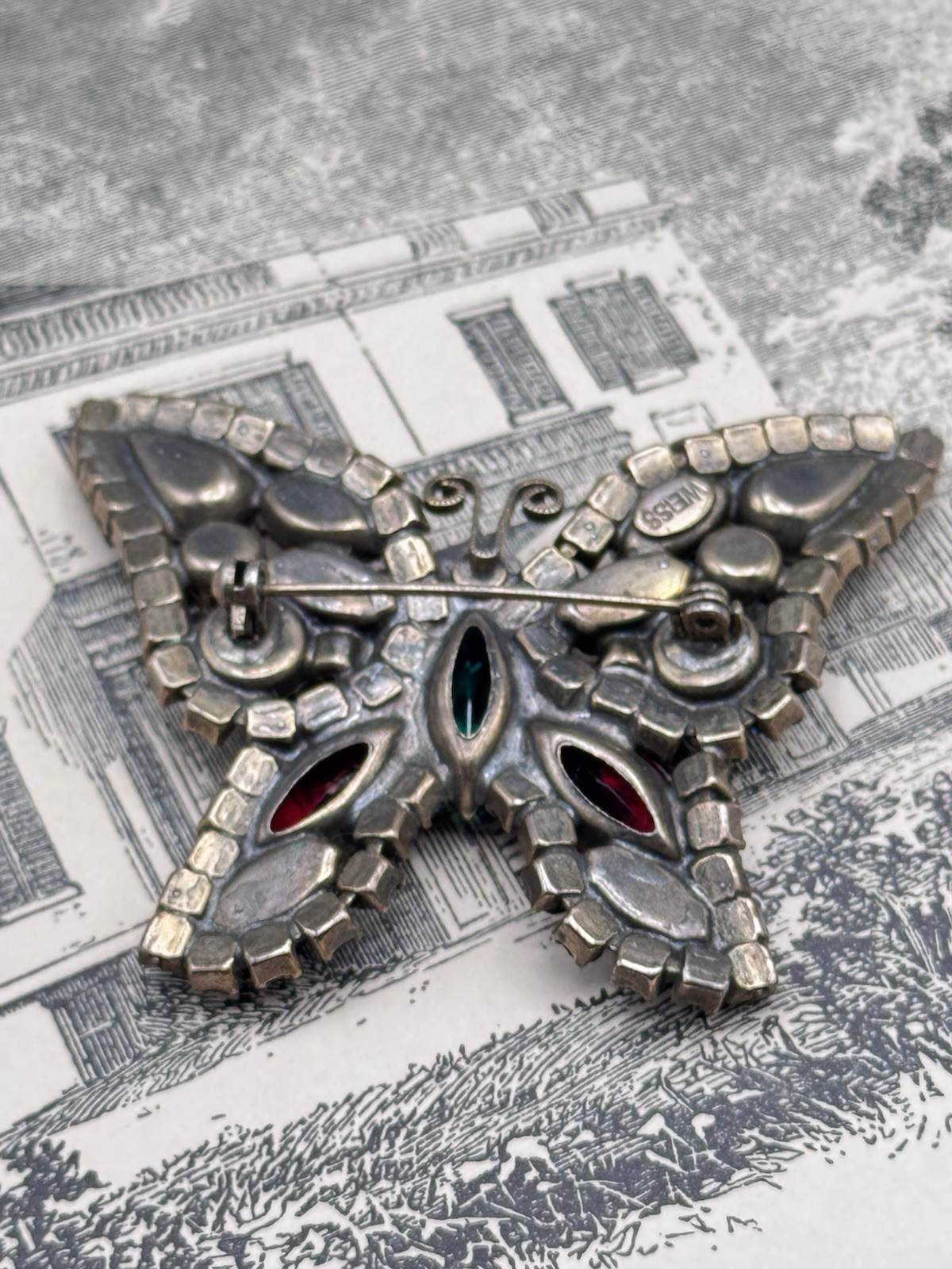 Weiss Butterfly Brooch Multicolor Rhinestone Figural Pin Signed 2.5” VINTAGE