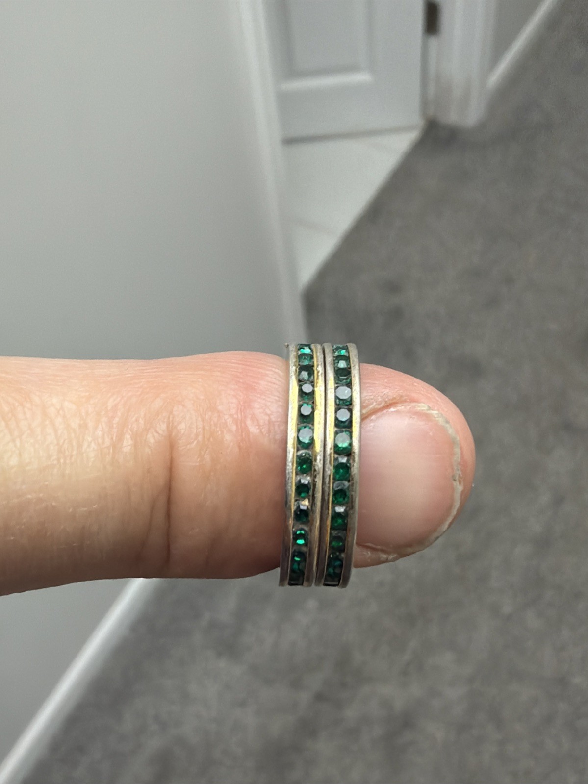 Vintage Gold Plated 3mm Stackable Green Eternity Band Rhinestone Ring 8, 8.25
