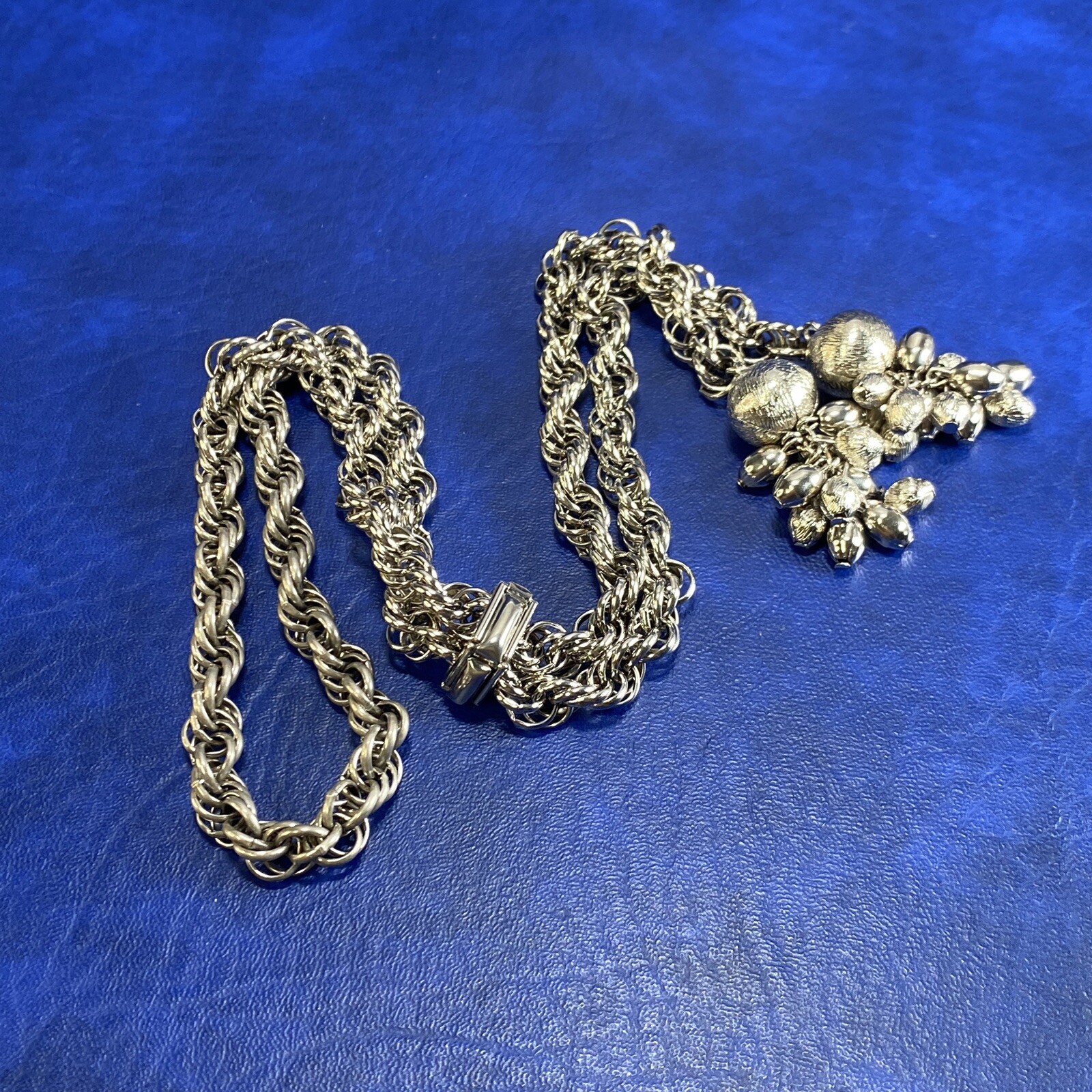 Vtg Silver Tone Metal Rope Bolo Slide Ball Tassel Bold Lariat Statement Necklace