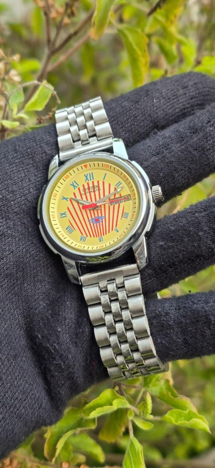 Vintage Citizen Automatic Transparent Back men Steel Day Date 21 Jewels Japanese