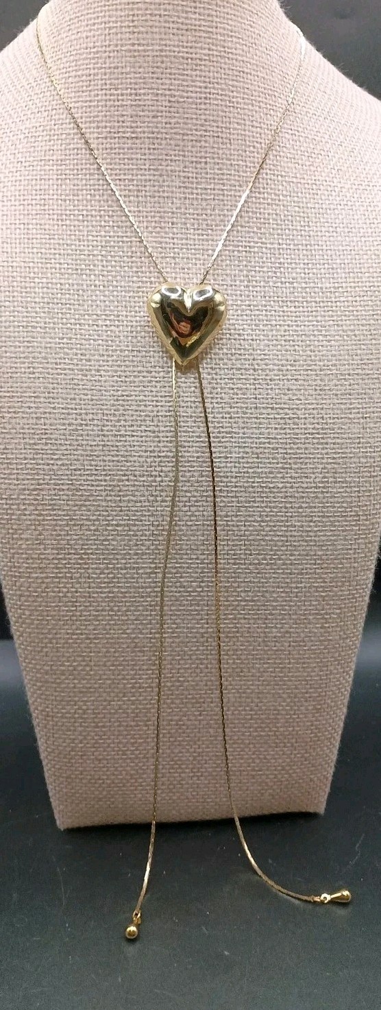 Vintage Heart Lariat Necklace Puffy Slide Pendant Gold Tone Bolo Tassel
