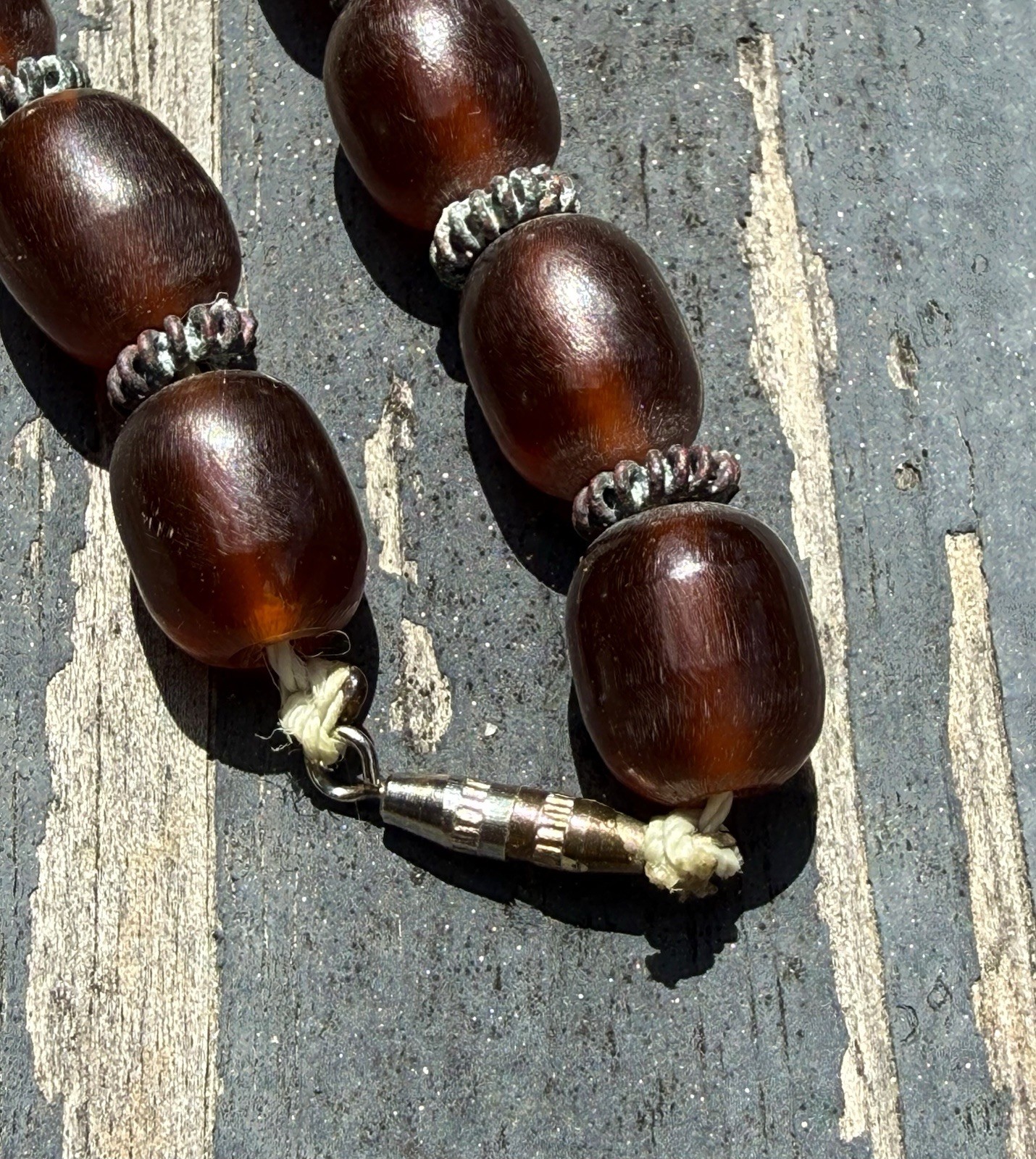 Vintage Cherry Amber Color Phenolic Resin Barrel Bead Necklace 20” 53g