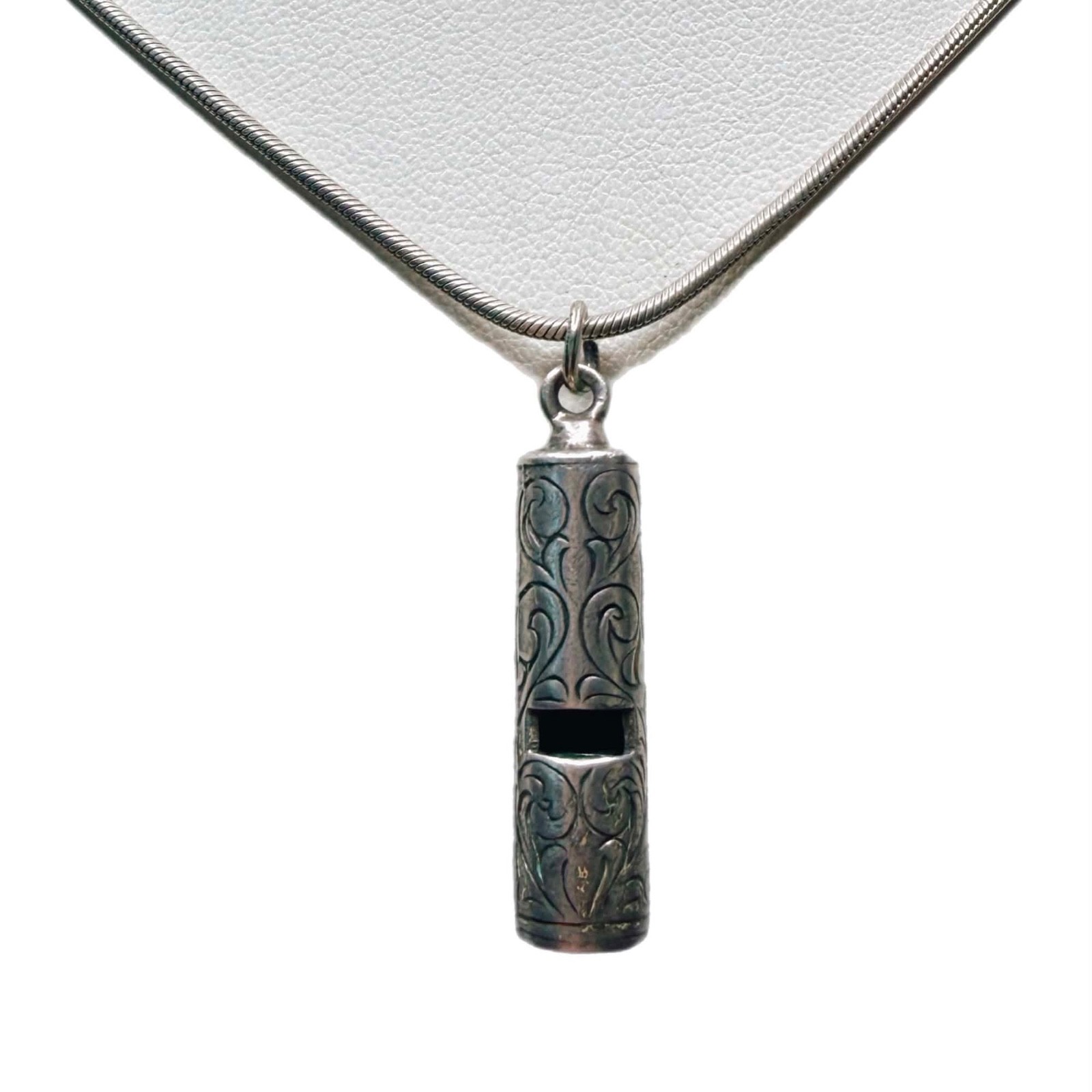 LUX Vintage Sterling Silver Engraved Whistle, Pendant + Necklace, 17”