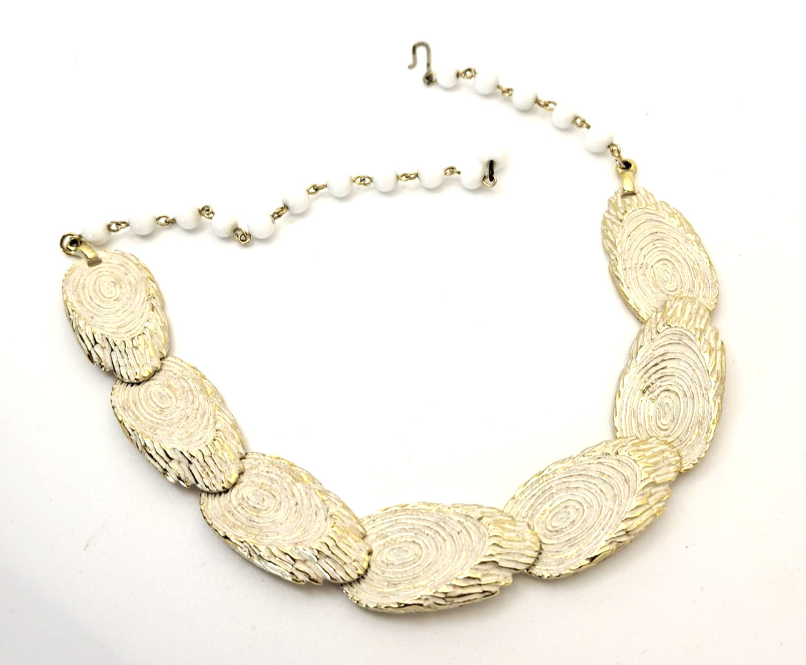 Vintage BSK Collar Link Necklace White Enamel Log Slices Trees Cabincore Nature