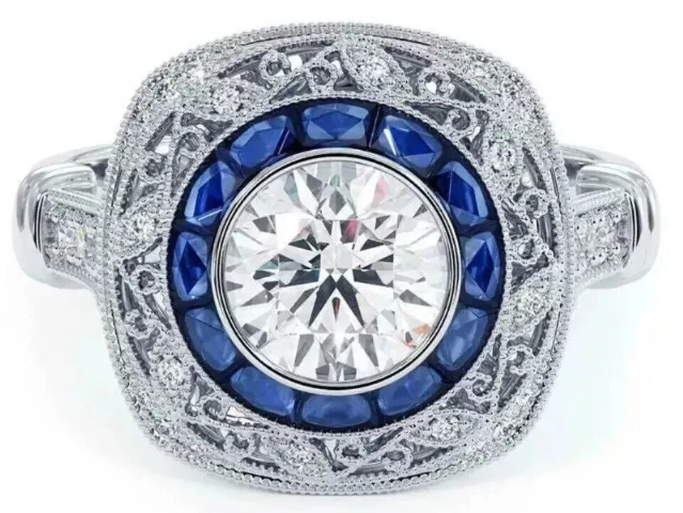 Art Deco Style Lab Created Diamond & Sapphire Wedding 14K White Gold Finish Ring