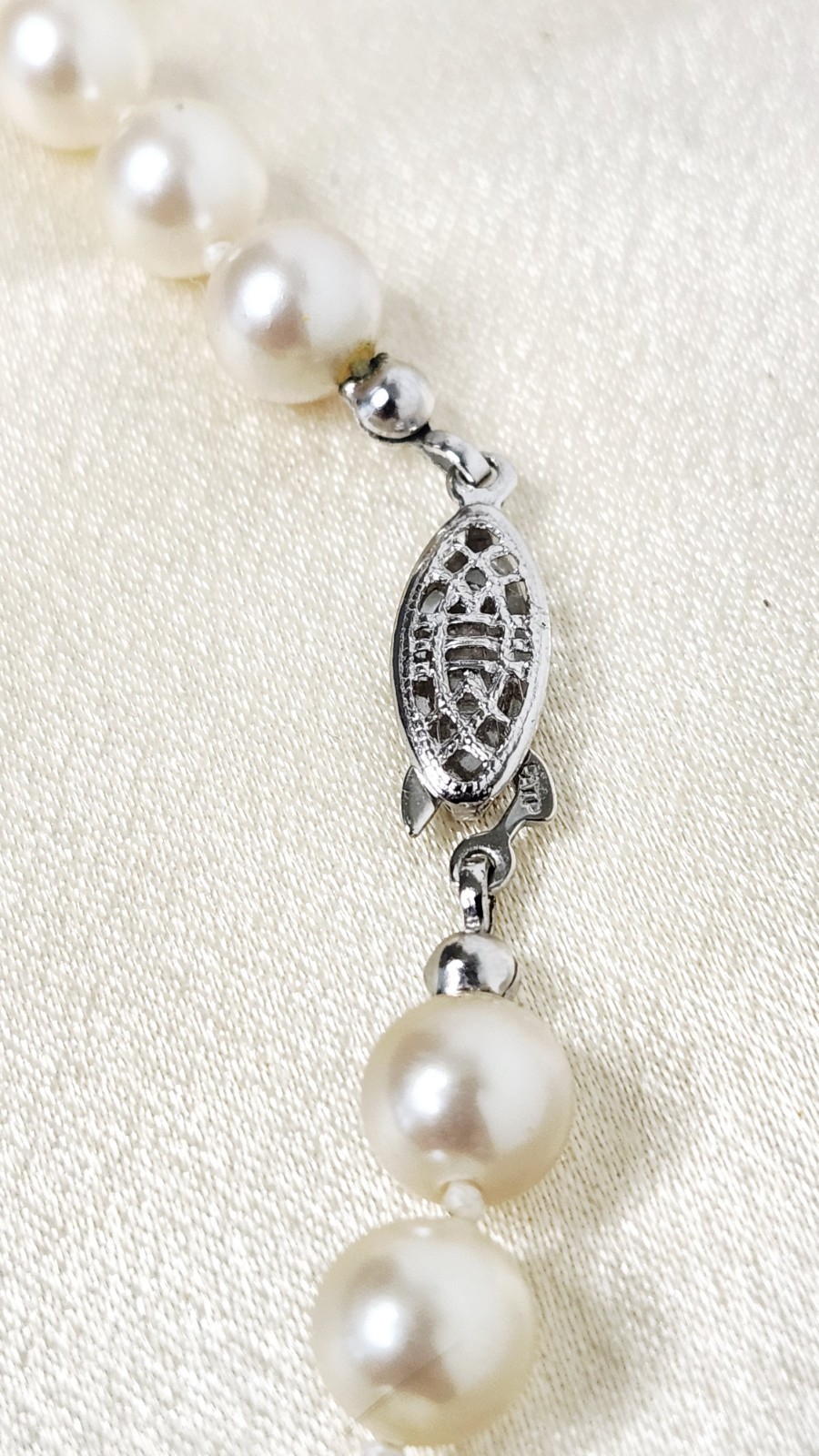 Vintage Glass Faux Pearl Necklace Signed G. Silver Clasp – 6mm Beads, 36″ L
