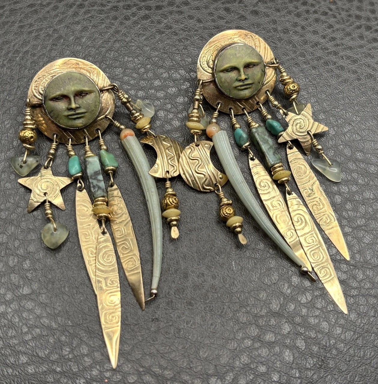 Tabra Gold Filled Man in Moon Face Turquoise Dangle Earrings Boho Celestial