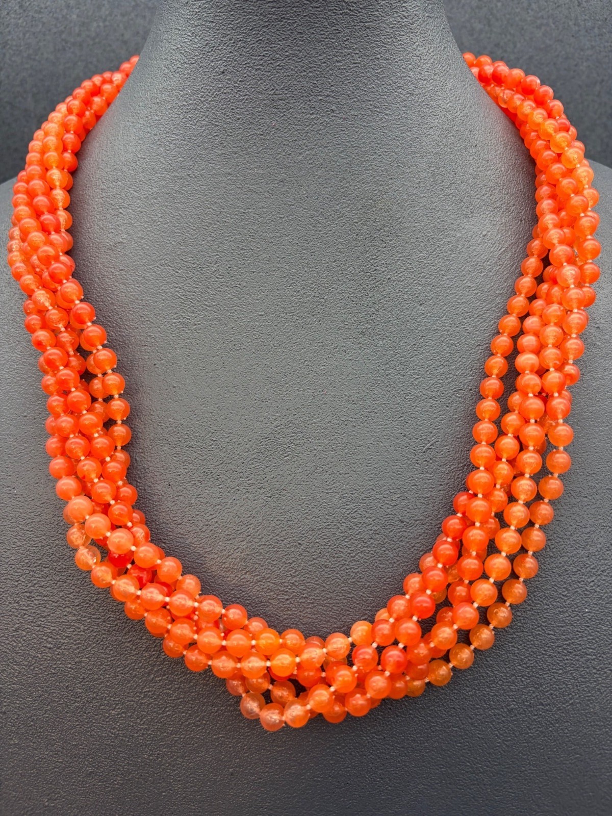 Multi-Strand Beaded Necklace 25 In Orange Filigree Endcap Gold Clasp Vintage
