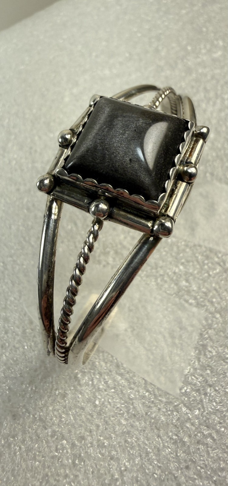 Vintage Sterling Silver Dark Grey Stone Cuff Bracelet