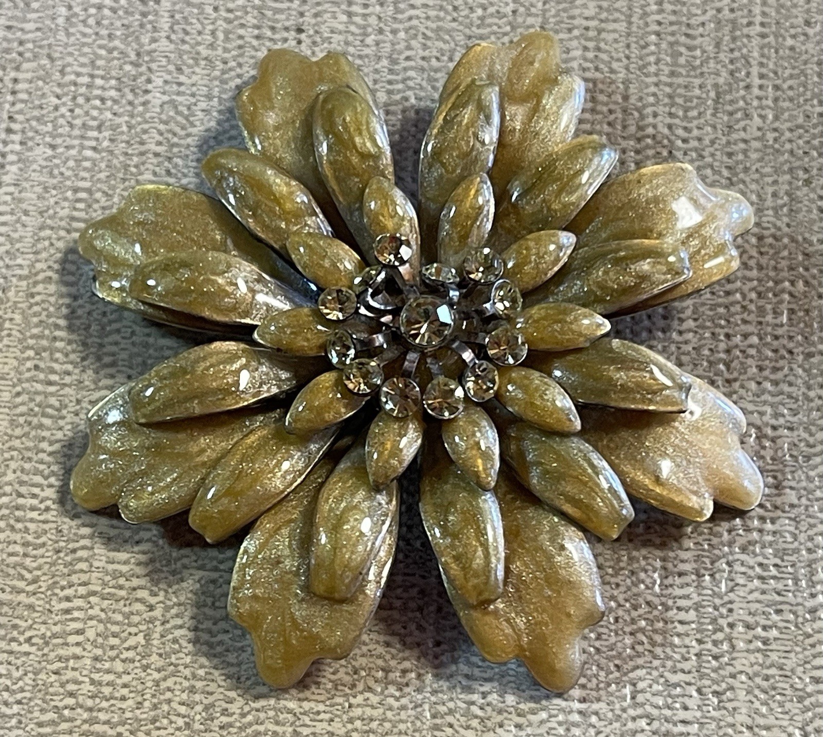 VINTAGE ESTATE MID CENTURY Enamel & Rhinestone Layered Floral Pins, Gold Color