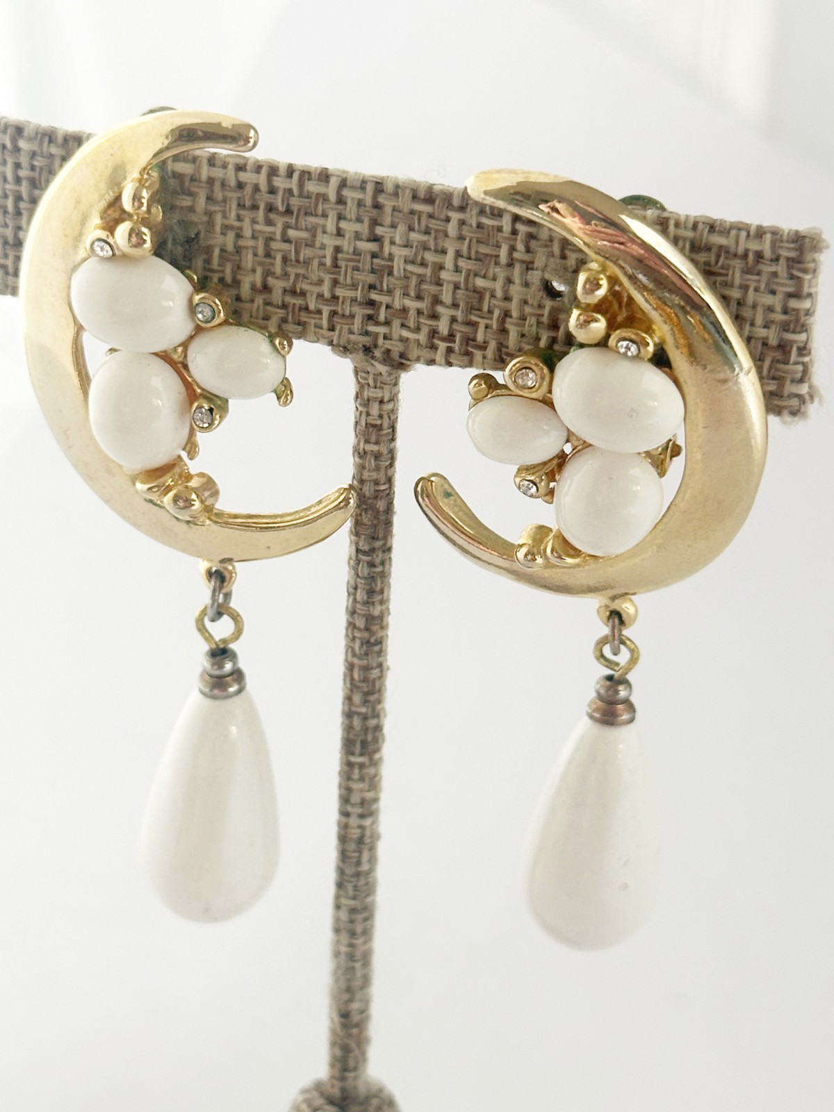 Vintage Crescent Moon Dangle Earrings White Cabochon Gold Tone Clip On Celestial