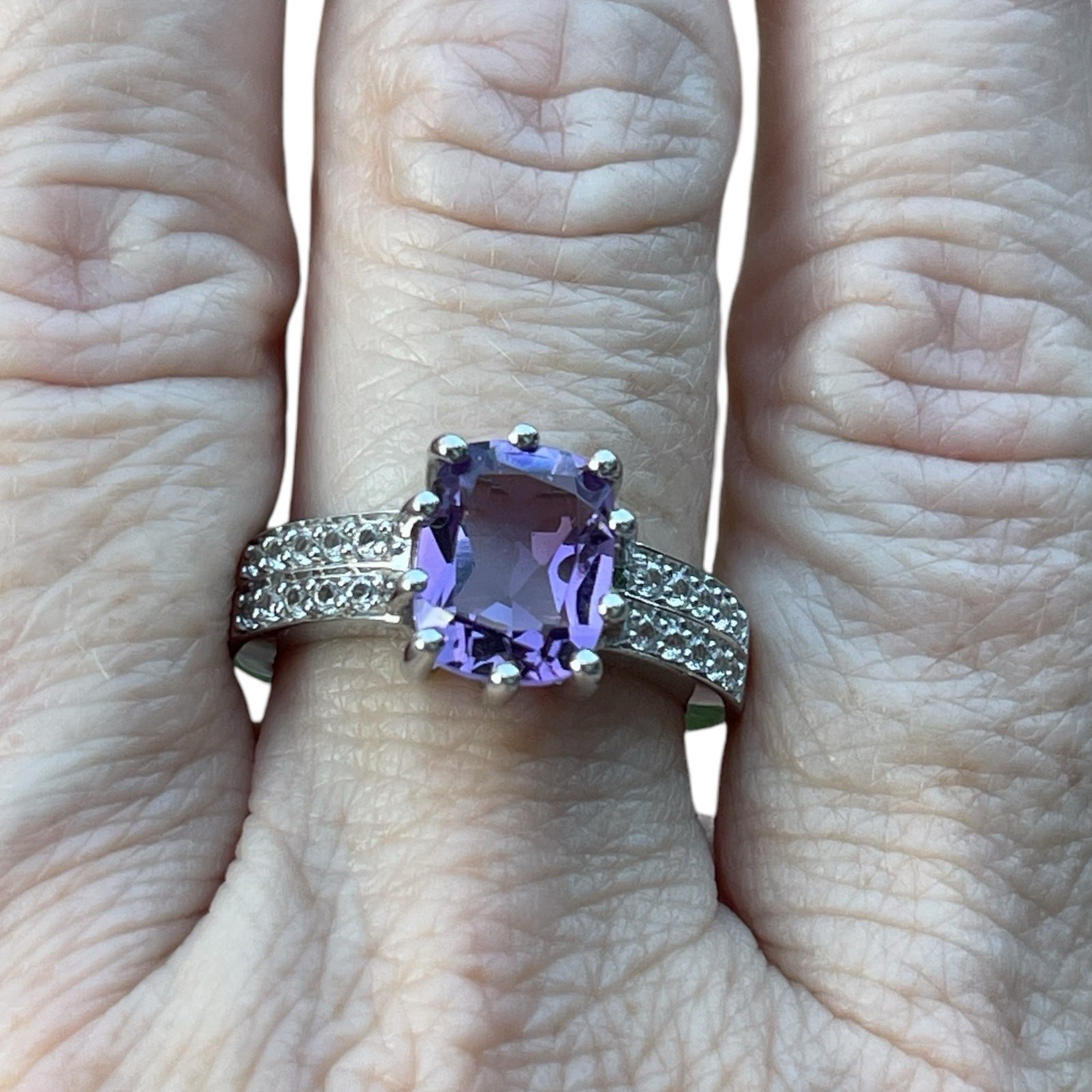 Genuine Amethyst Created Sapphire Ring 925 Sterling Silver US Size 7