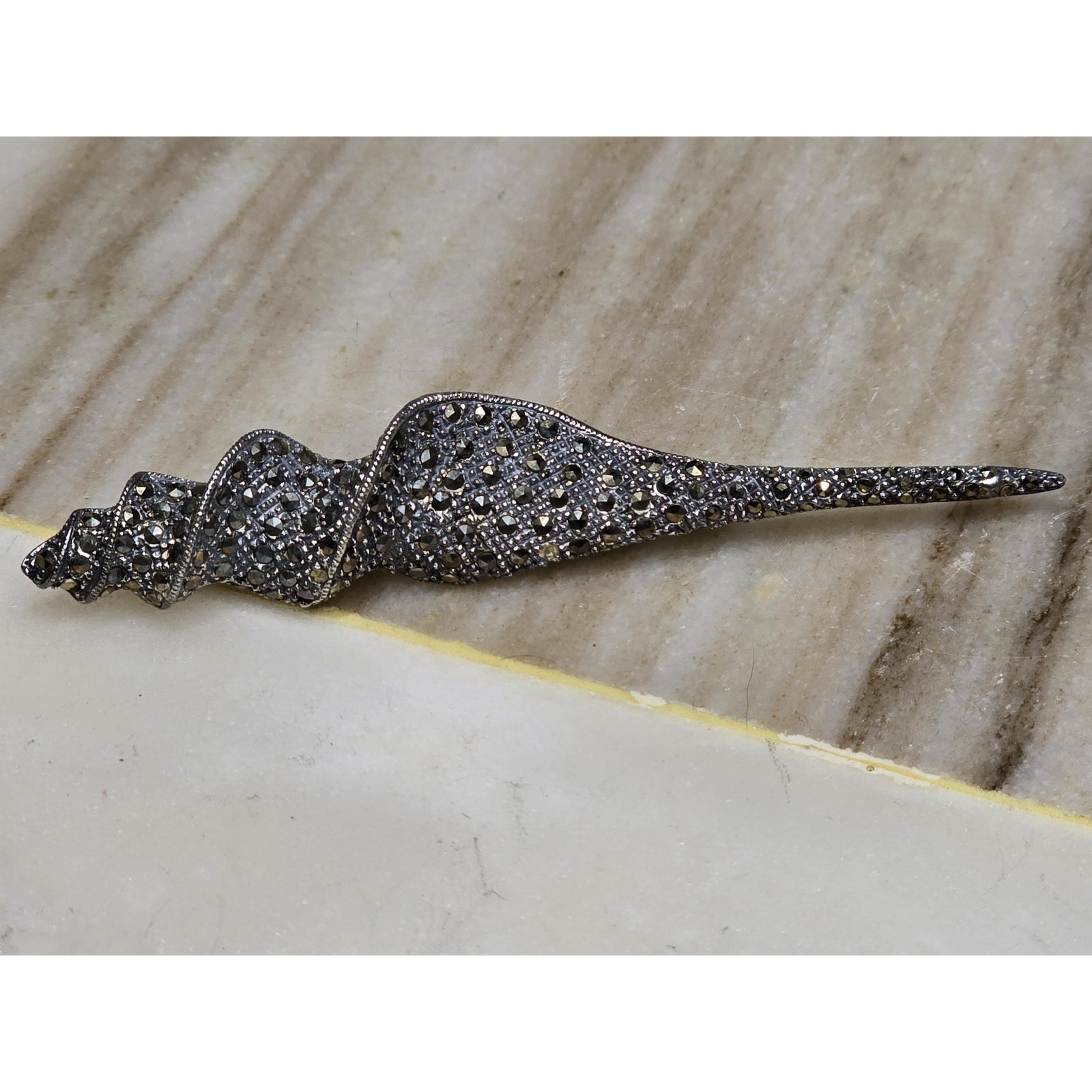 Vintage Sterling Marcasite Shell Brooch