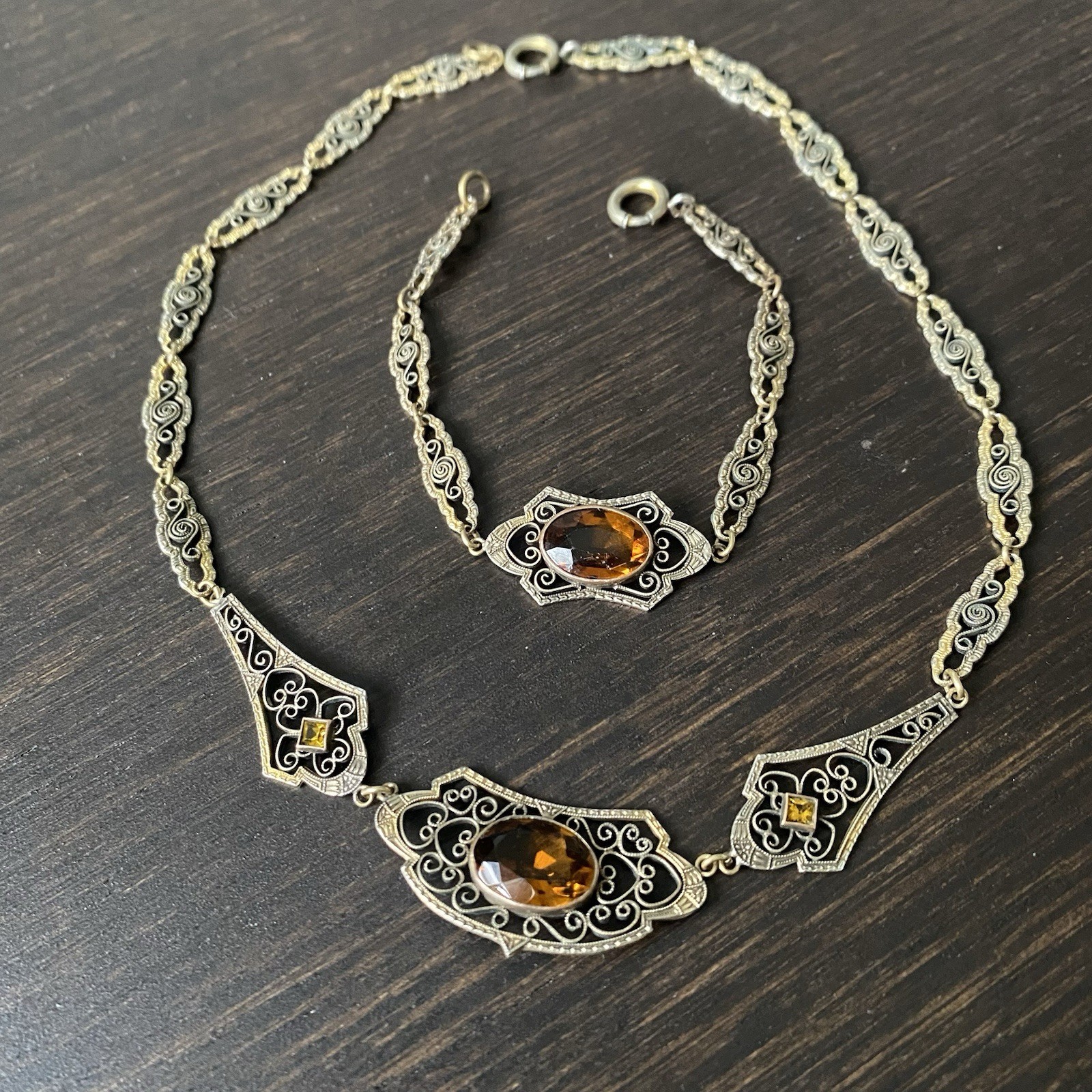 Vintage ART DECO CZECH Glass Filigree Necklace & Bracelet Set (AS-IS)