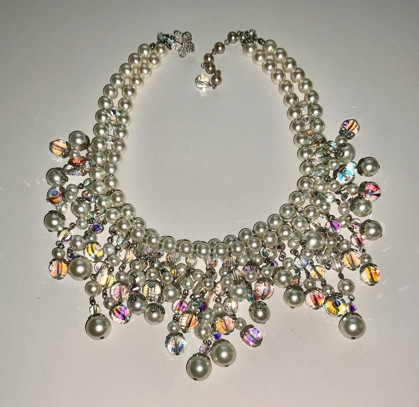 Vintage Vendome Faceted AB Glass & Faux Pearl Fringe Statement Huge Necklace