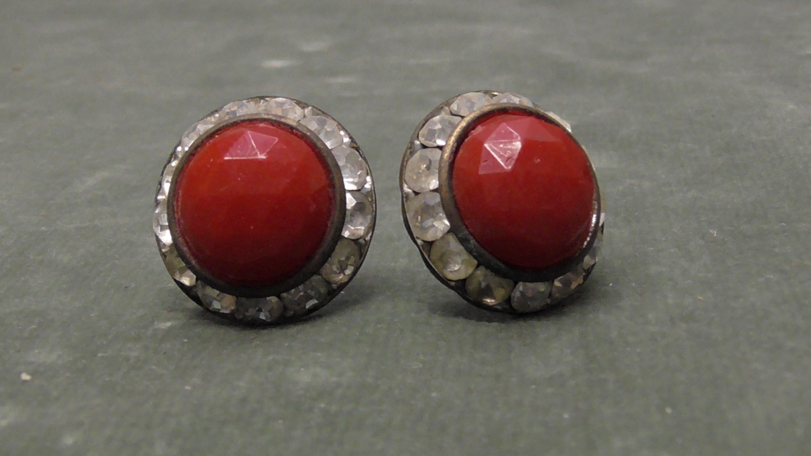 Vintage Red Faceted Stone Screw Back Earrings w/ Clear Rhinestone Surround