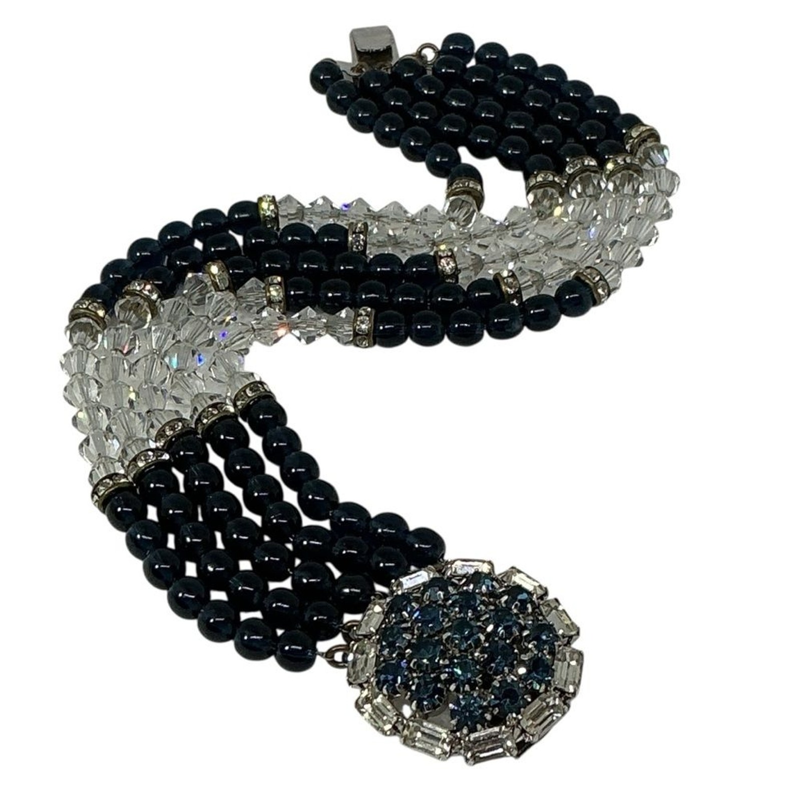 Vintage HOBÉ Multi Strand Bracelet Sapphire Blue & Crystal Bead Rhinestone Clasp