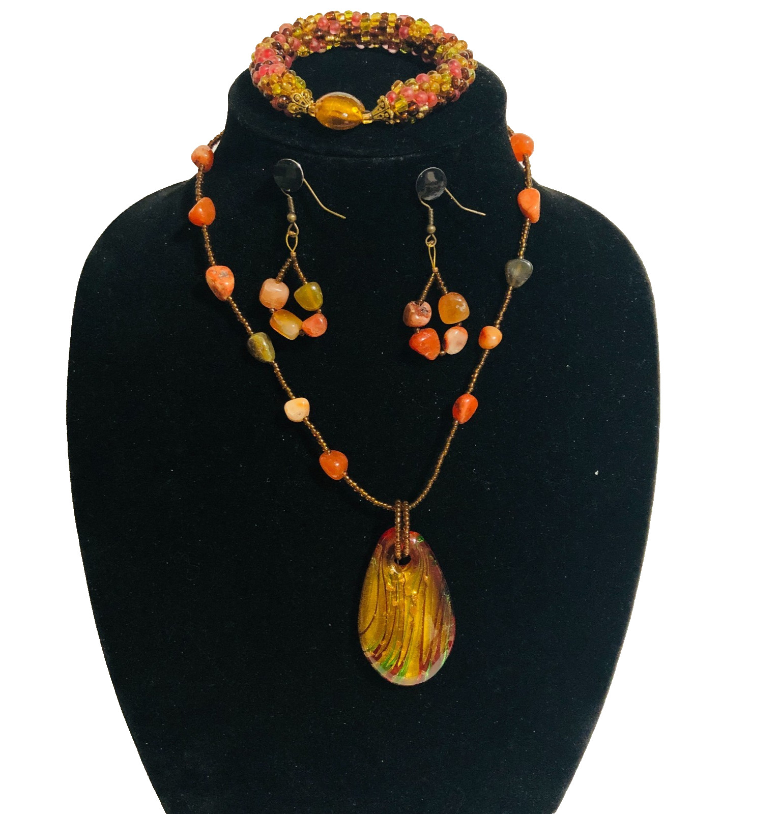 Amber Red Gold Art Glass Pendant Necklace Bracelet Earrings Set
