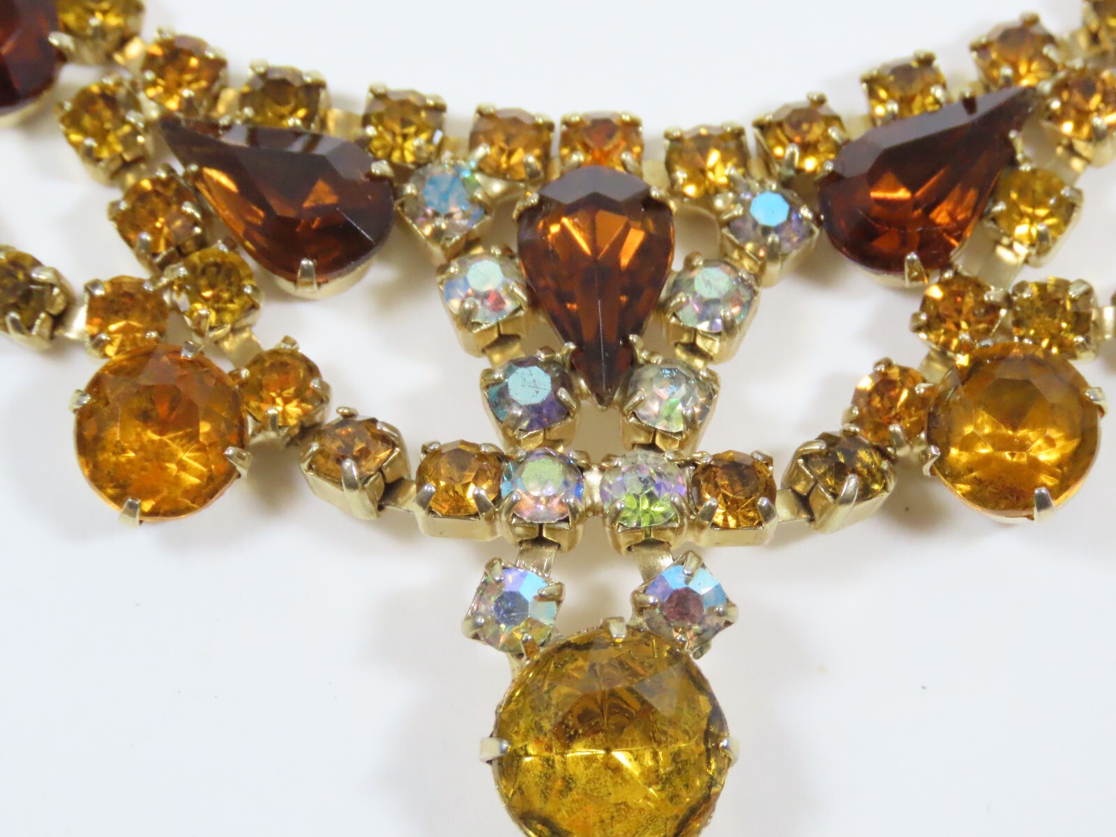 Rhinestone Necklace Golden Amber Brown Topaz AB Crystal VTG Exquisite D1652