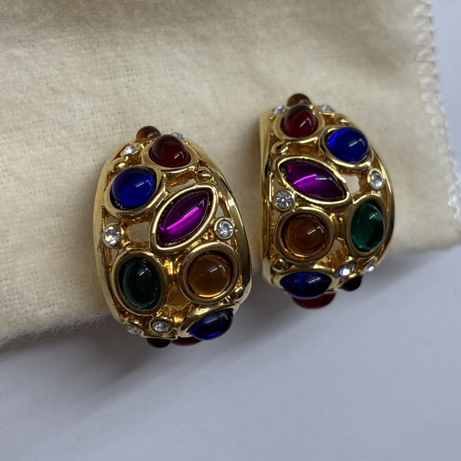 Vtg Franch Multicolor Cabachon Big Moon Gripoix Mogul Hoop Earrings Clip On RARE