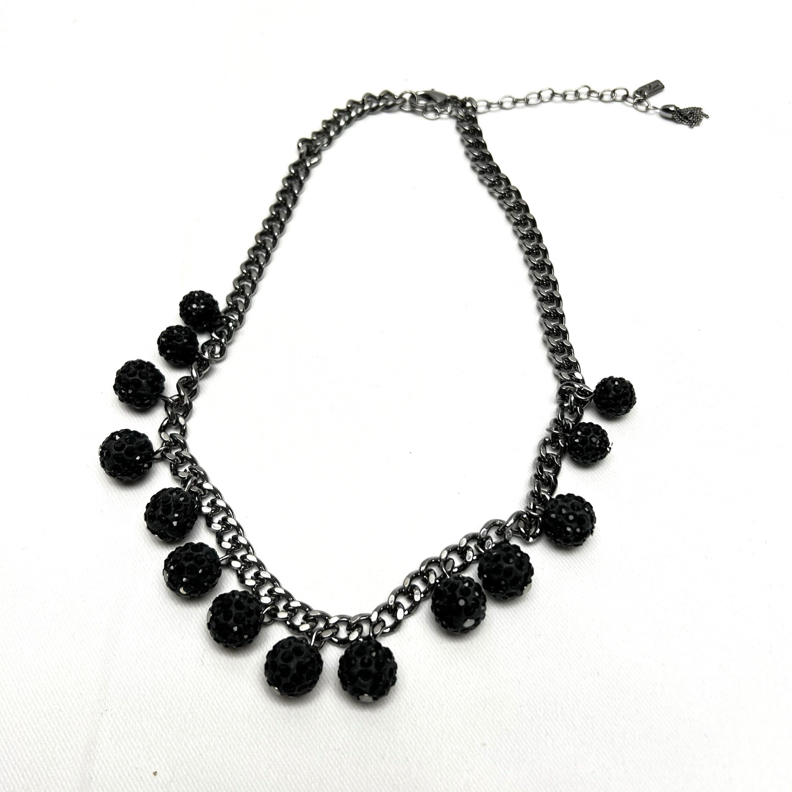Black Beaded Pave Ball Necklace Gunmetal Chain Statement Collar Adjustable