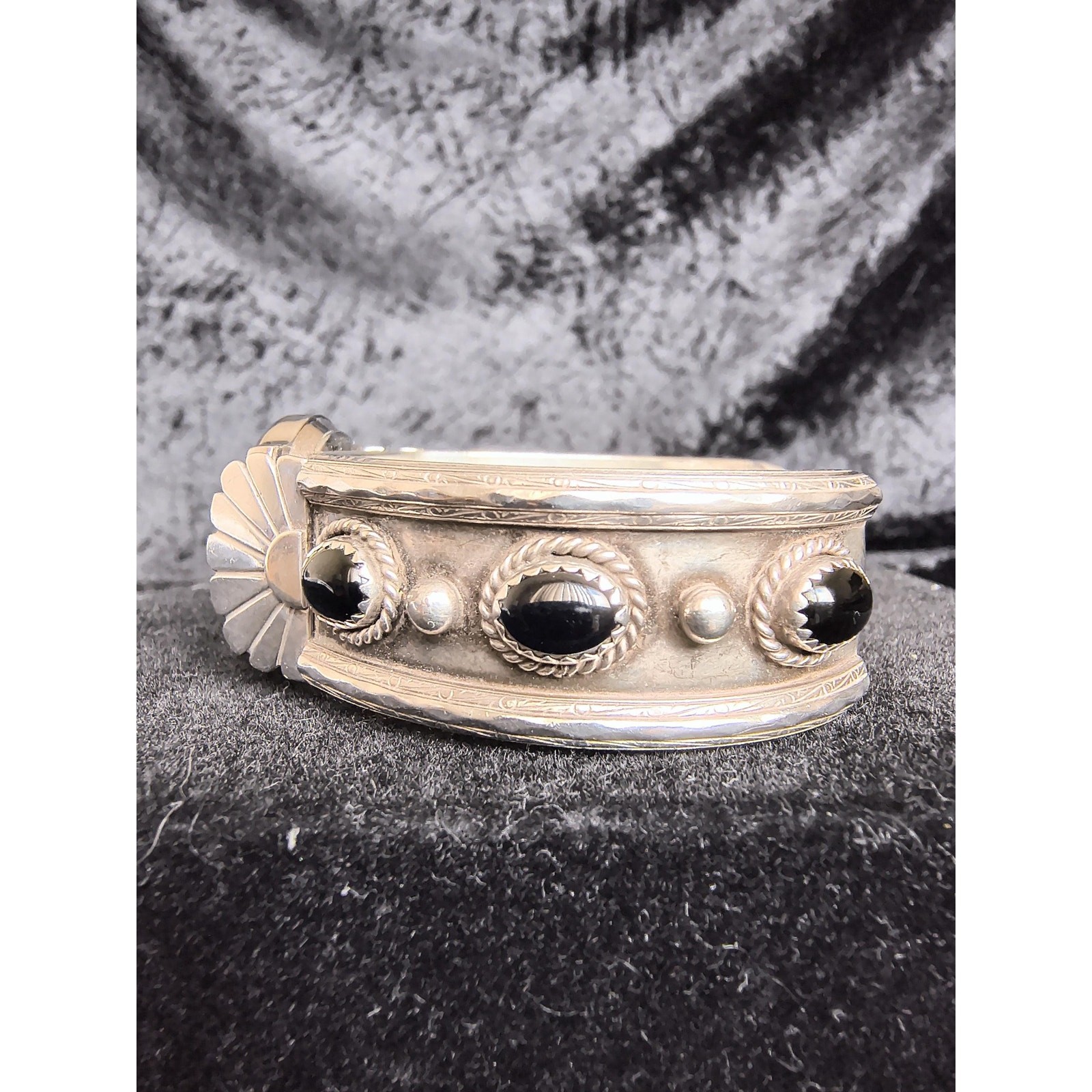 Sterling Silver Southwest Watch Cuff, Black Onyx Accent, Legacy Face, Signed V
