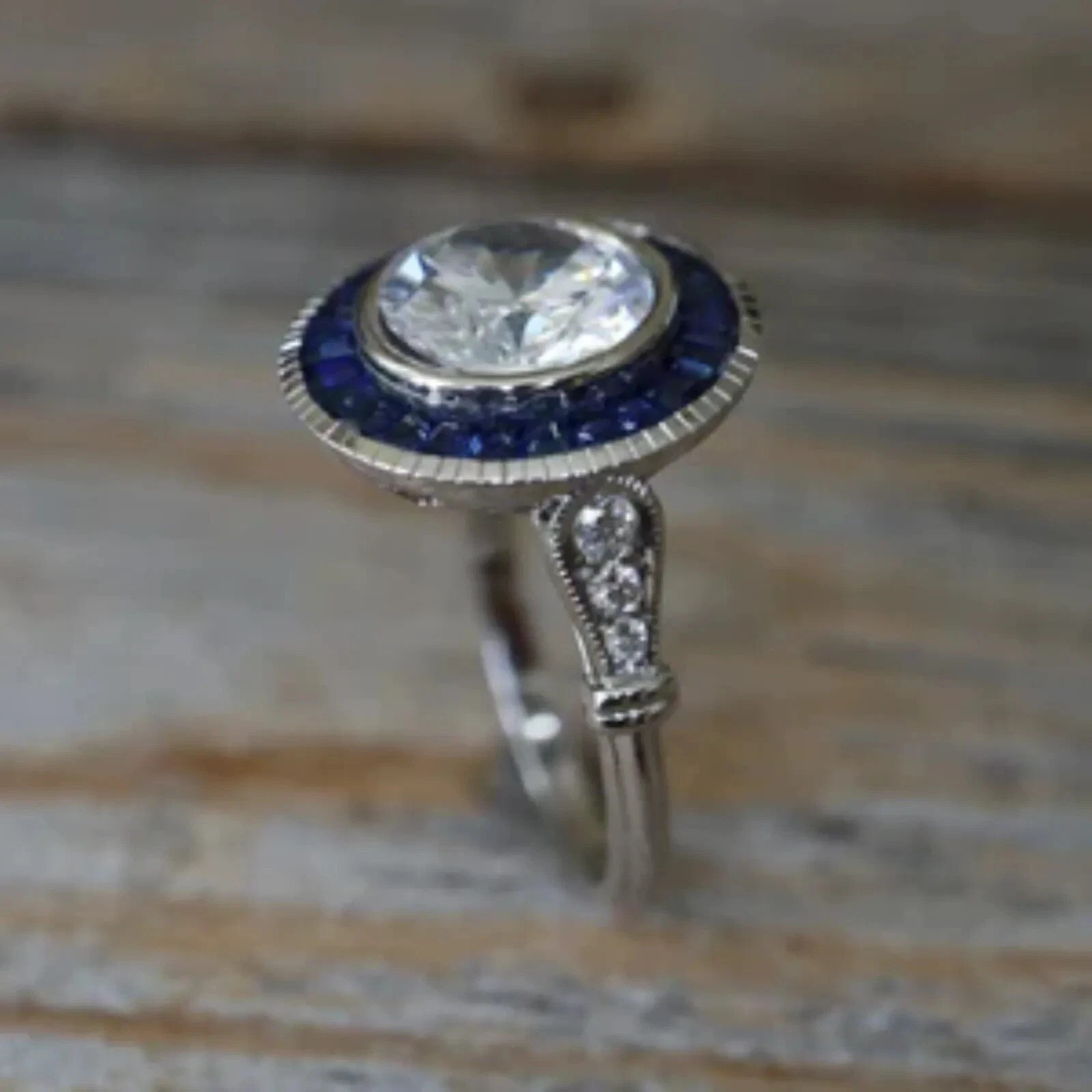 Art Deco Style Halo Lab Created Diamond Sapphire 14K White Gold FN Wedding Ring