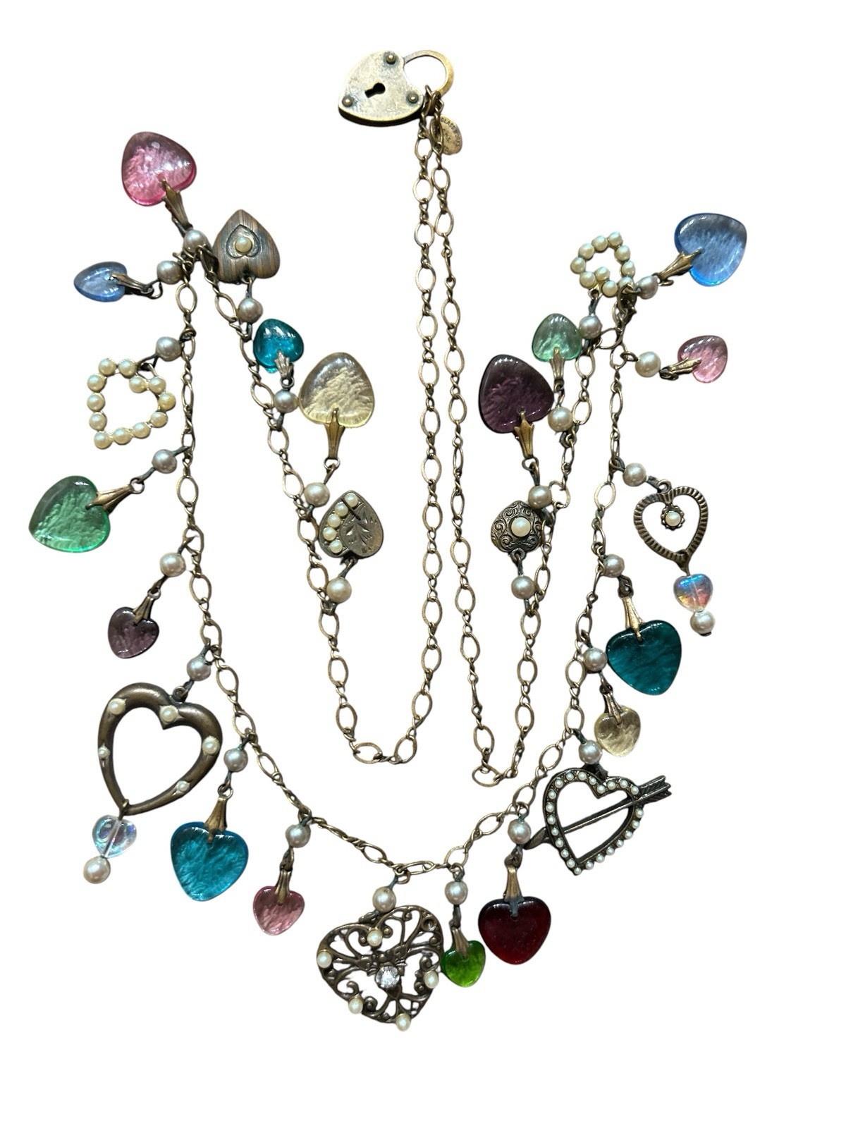 Vintage Signed Glassworks Studio Multi Charm Love Luck Fun Heart 27″ Necklace