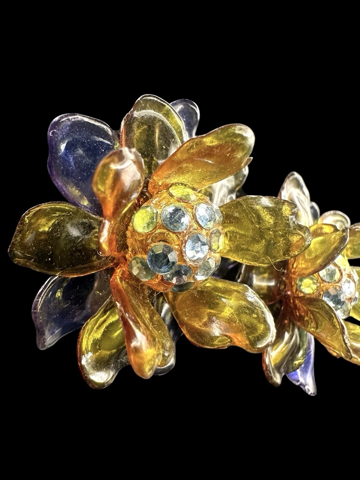 Vtg 1930/40s Cellulose Acetate & Rhinestone Flower Earrings Purple Green/Yellow
