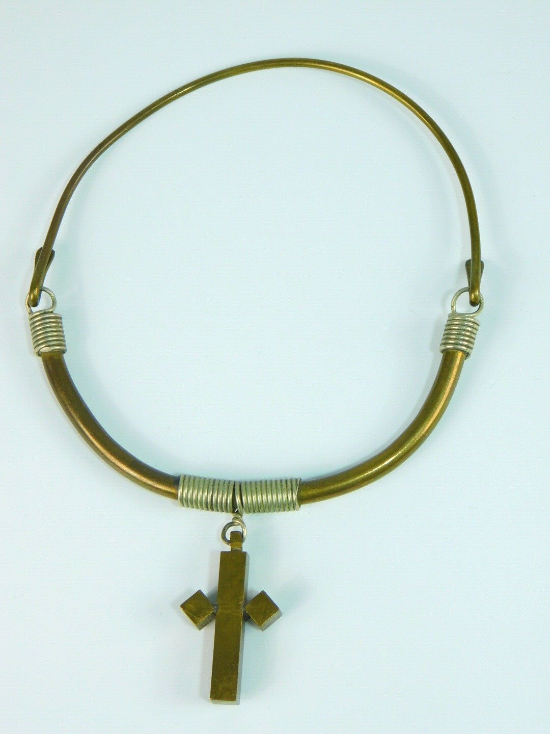Brutalist Brass & Silver Wire Wrapped Cross Collar Choker Necklace 16″
