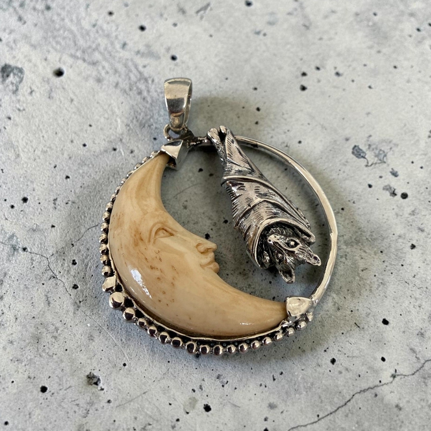 Sterling Silver Bat Moon Pendant Carved Tea Bone Gothic